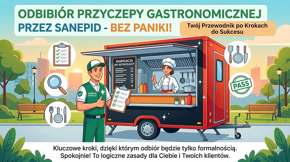 Ilustracja w stylu kreskówkowym przedstawiająca pomyślny odbiór czerwonej przyczepy gastronomicznej przez uśmiechniętego inspektora Sanepidu w parku miejskim. Mężczyzna-inspektor w zielonym mundurze trzyma checklistę z zielonymi haczykami, a uśmiechnięta szefowa kuchni wewnątrz przyczepy daje kciuk w górę. Nad nimi unoszą się ikony narzędzi kuchennych, checklisty, lupy oraz zielony stempel z napisem "PASS". Na górze znajduje się duży, uspokajający nagłówek: „ODBIÓR PRZYCZEPY GASTRONOMICZNEJ PRZEZ SANEPID - BEZ PANIKI!”, a obok mniejsza ramka: „Twój Przewodnik po Krokach do Sukcesu”. Na dole tekst zachęcający do zapoznania się z przewodnikiem: „Kluczowe kroki, dzięki którym odbiór będzie tylko formalnością. Spokojnie! To logiczne zasady dla Ciebie i Twoich klientów.”