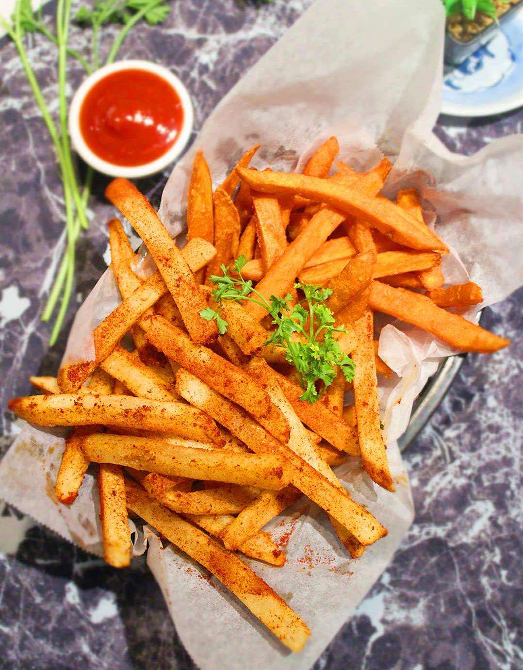 1/2 Sweet Potato Fries, 1/2 Cajun Fries