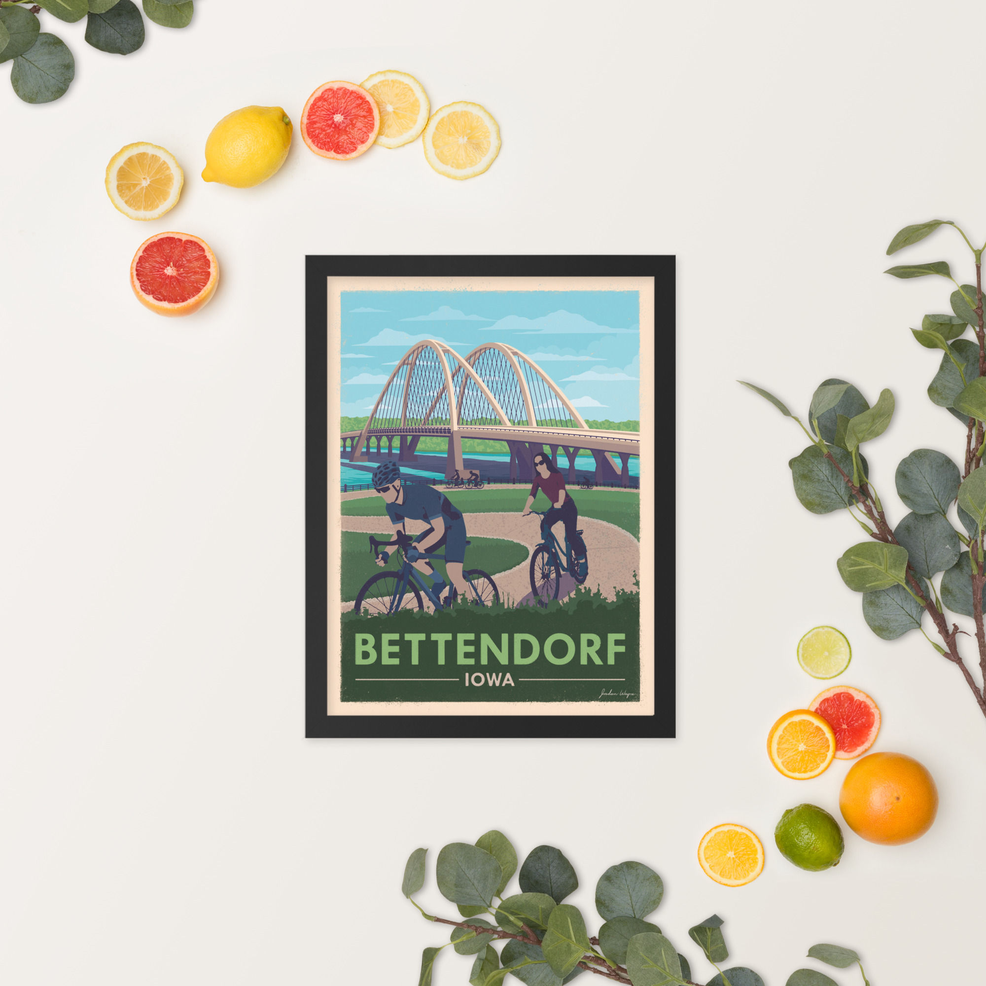 Bettendorf Iowa I-74 River Bridge - Framed Retro Poster Art