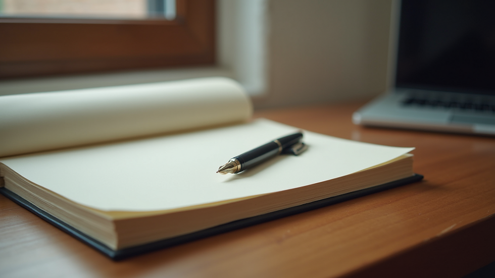 High angle view of a journal and pen on a wooden desk