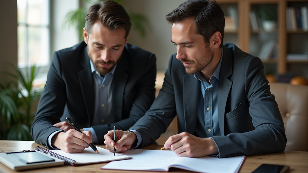 High angle view of a coach and client discussing strategies over a notebook