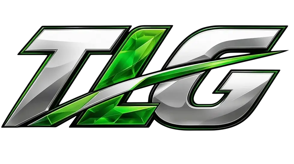 Digital illustration of a stylized '7LC' logo with metallic silver, white, and vibrant green faceted elements. The design is modern and dynamic, featuring sharp geometric lines.
