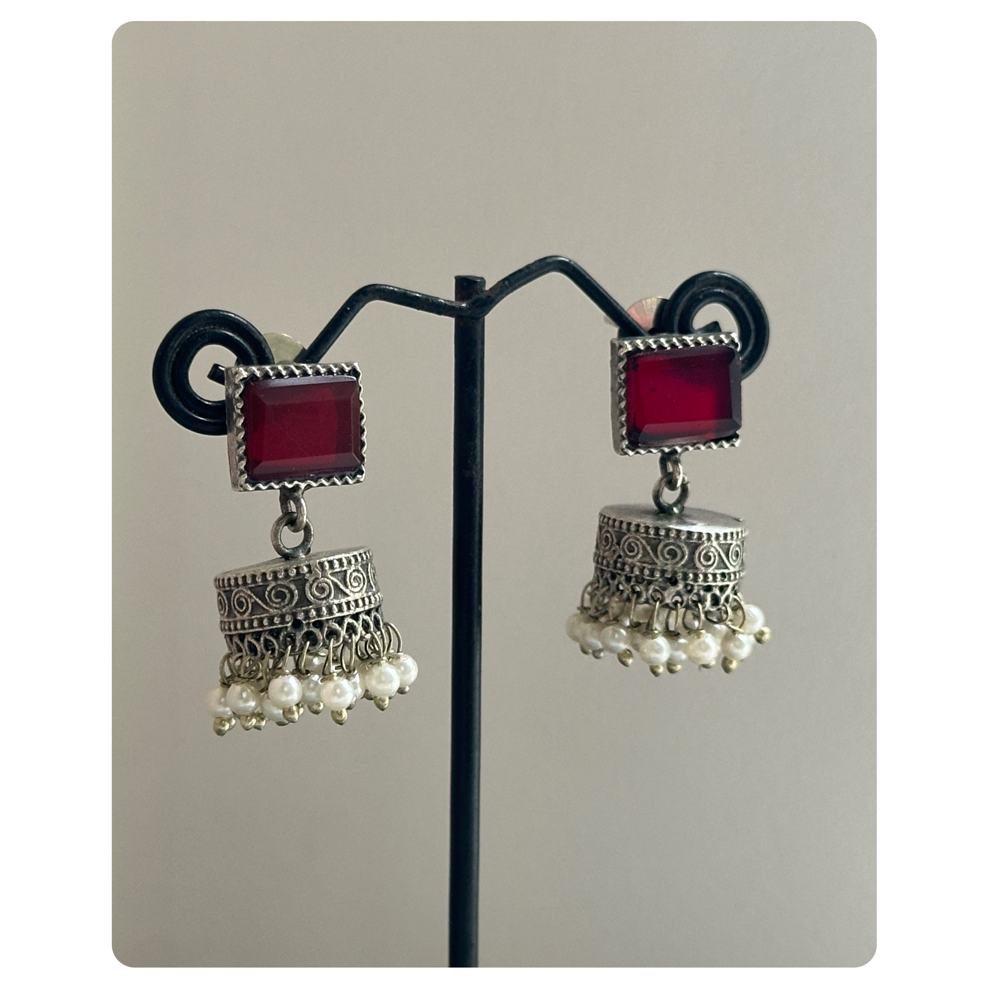 Silver Oxidised Ruby Square Stone Small Jhumkas