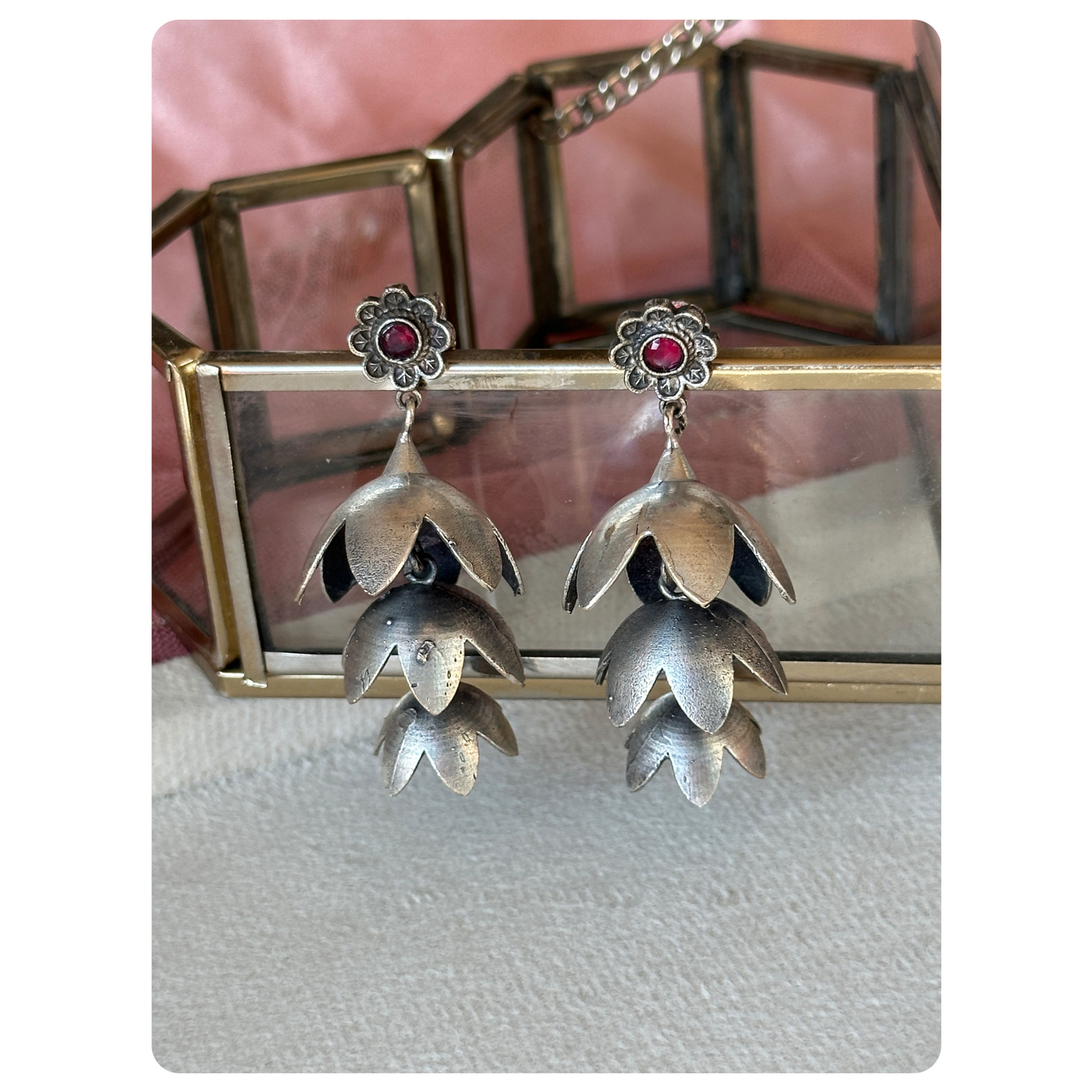 Silver Oxidised Pink Stone Floral Tulip Jhumkas