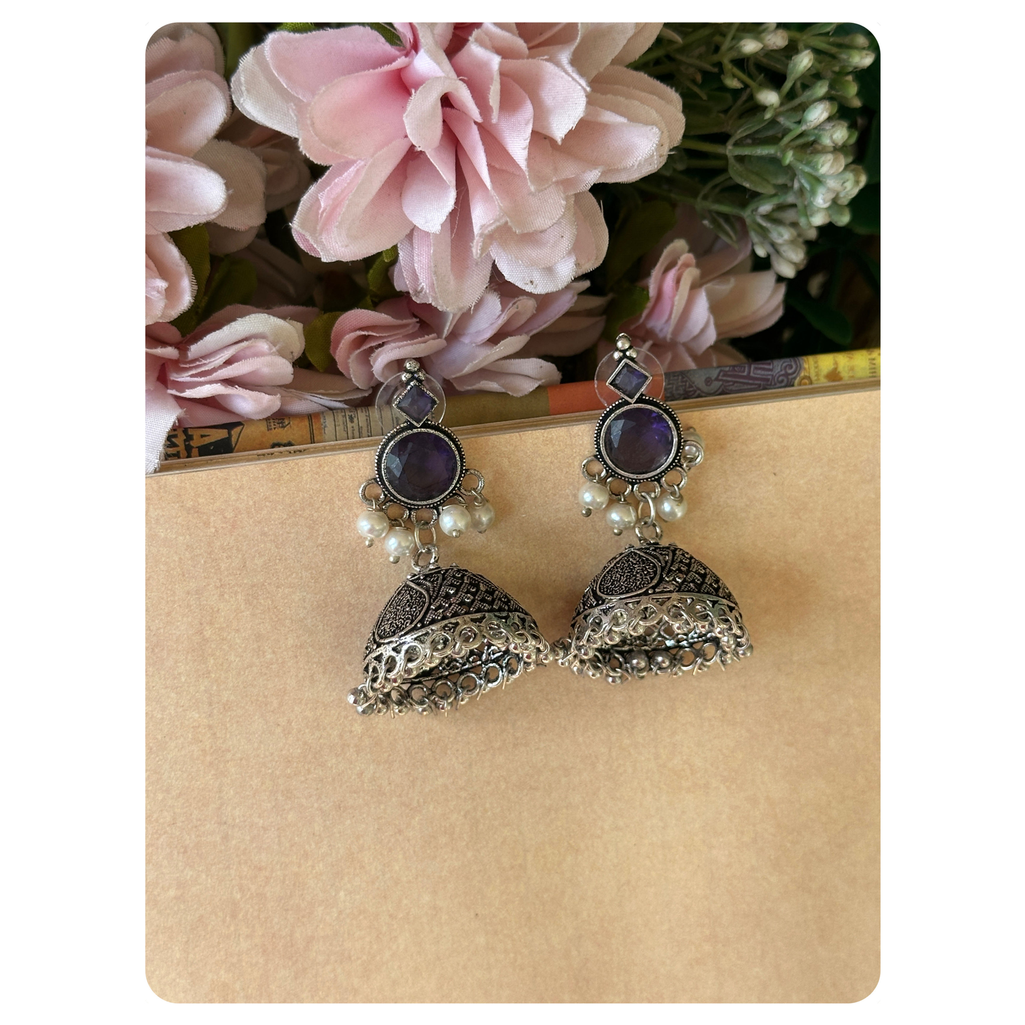 Silver Toned Violet Stone Jhumka