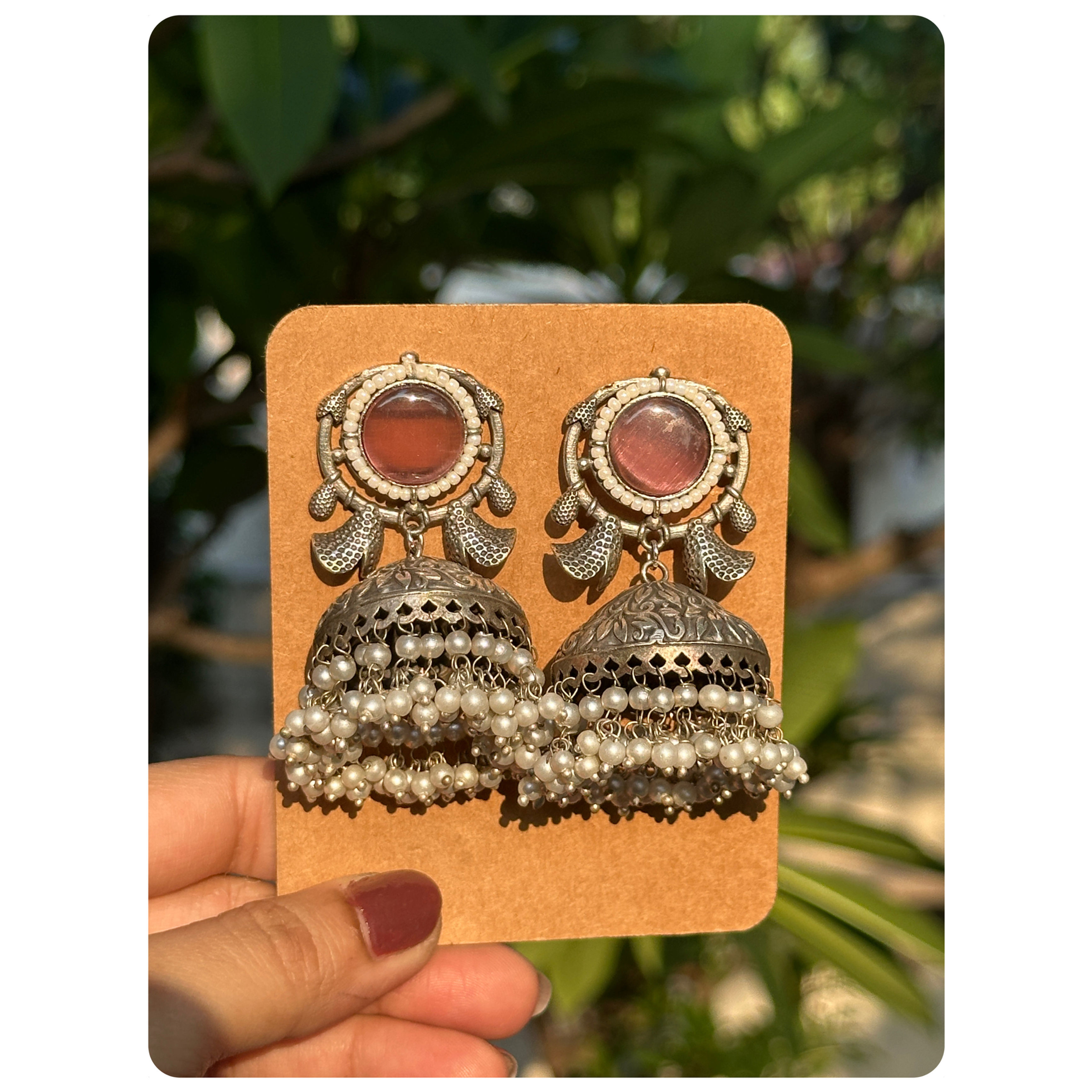 Silver Oxidised Baby Pink Stone Stud Pearl Layered Jhumka