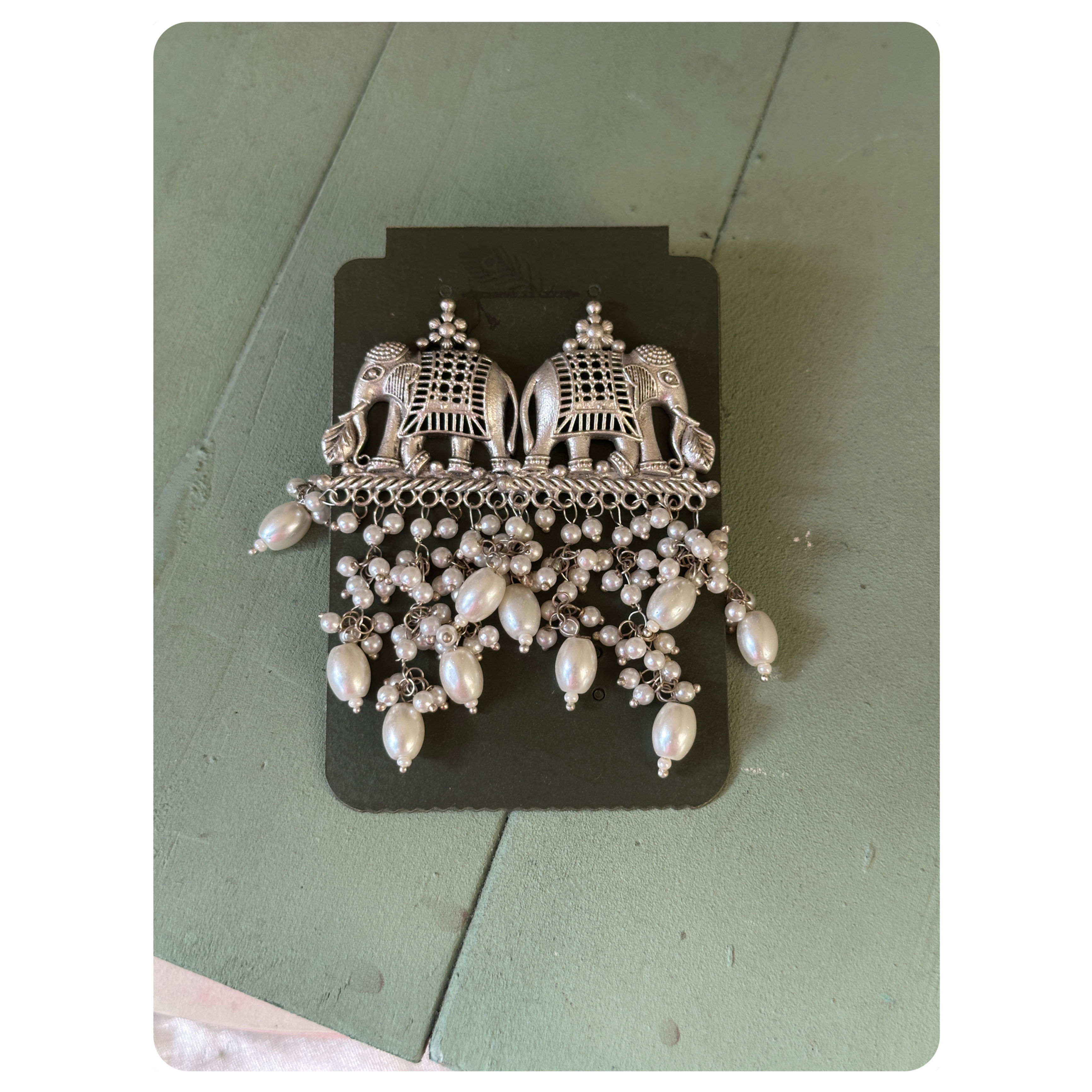 Silver Oxidised Pearl Layered Elephant Studs
