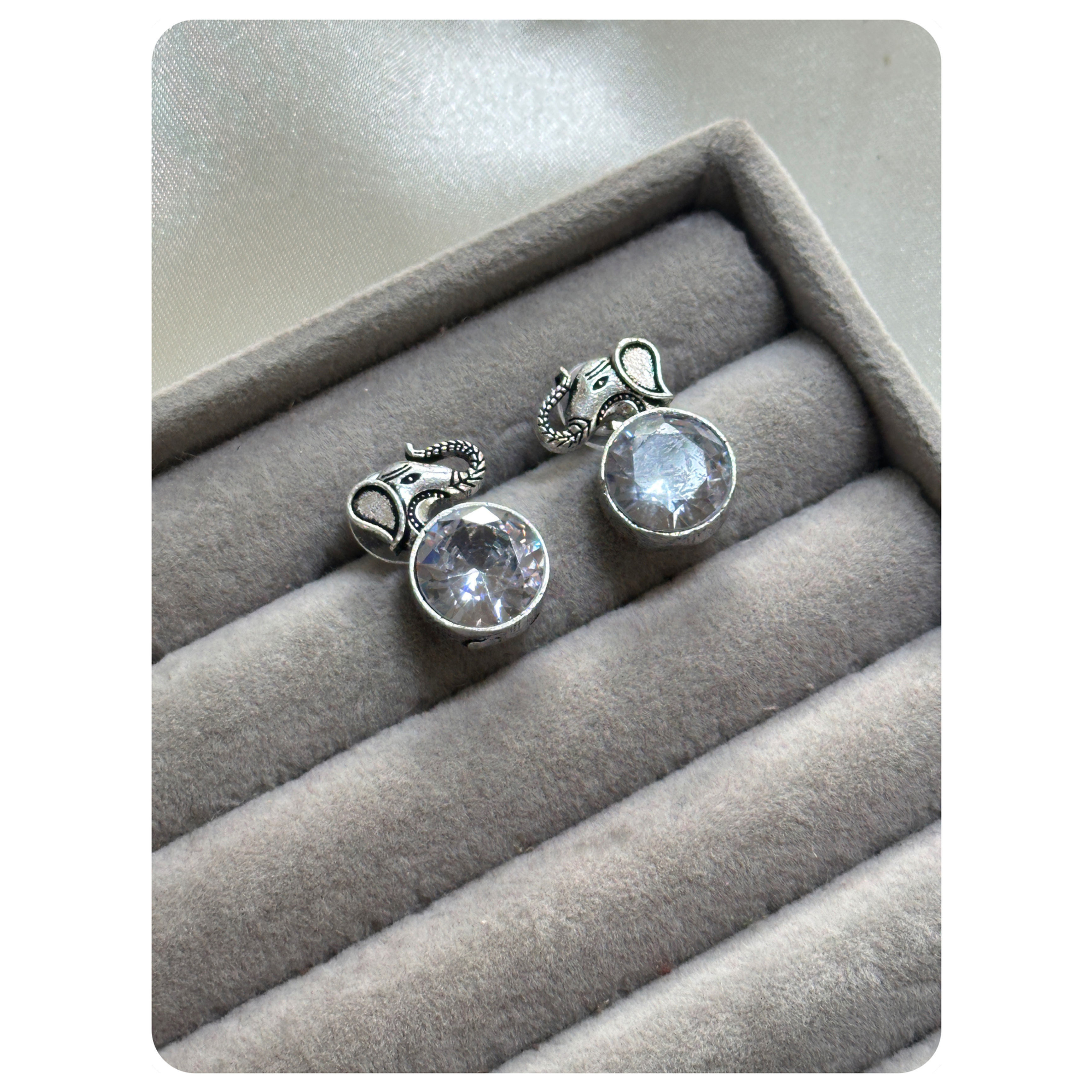 Silver Toned White Stone Elephant Studs