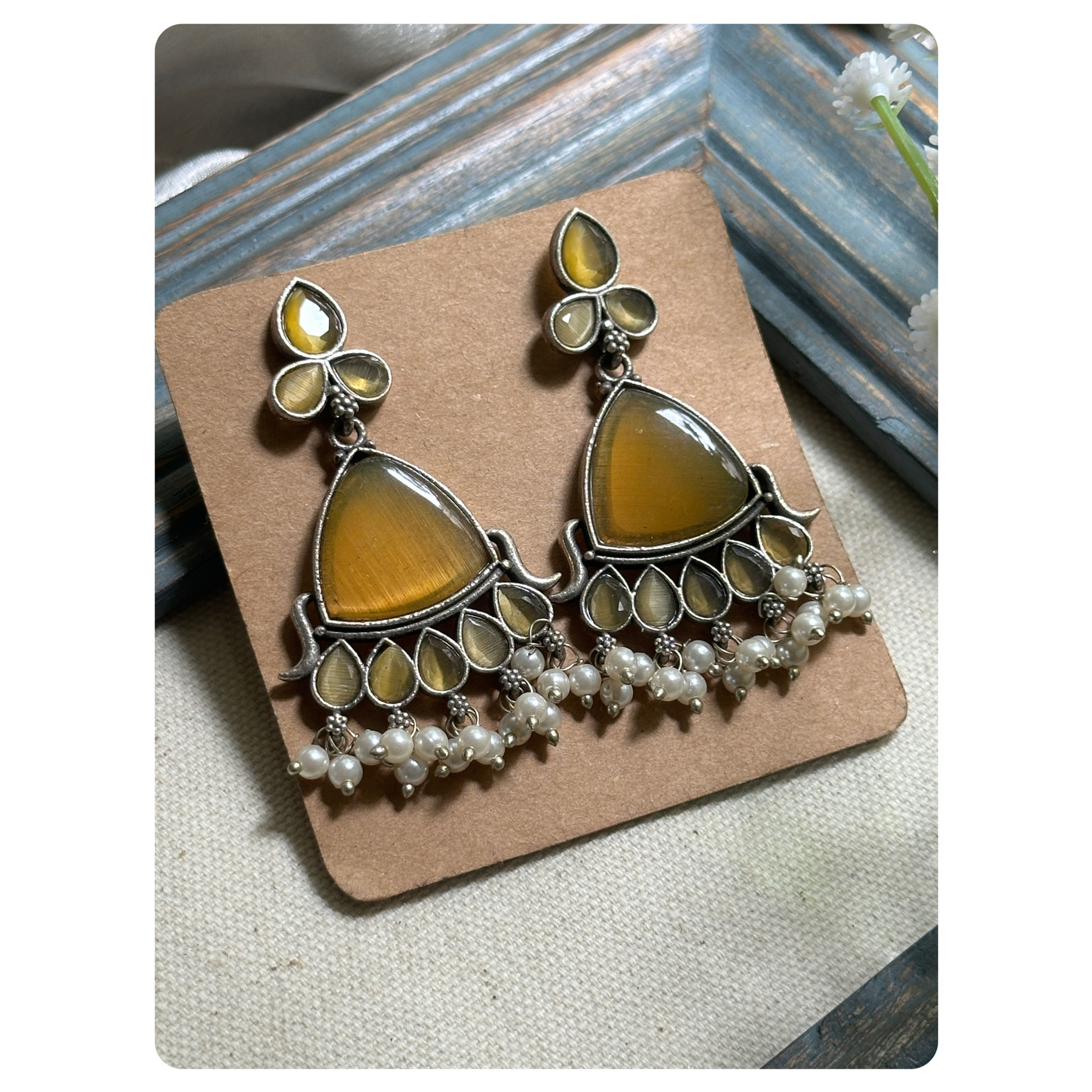 Silver Oxidised Yellow Monalisa Stone Triangular Earrings