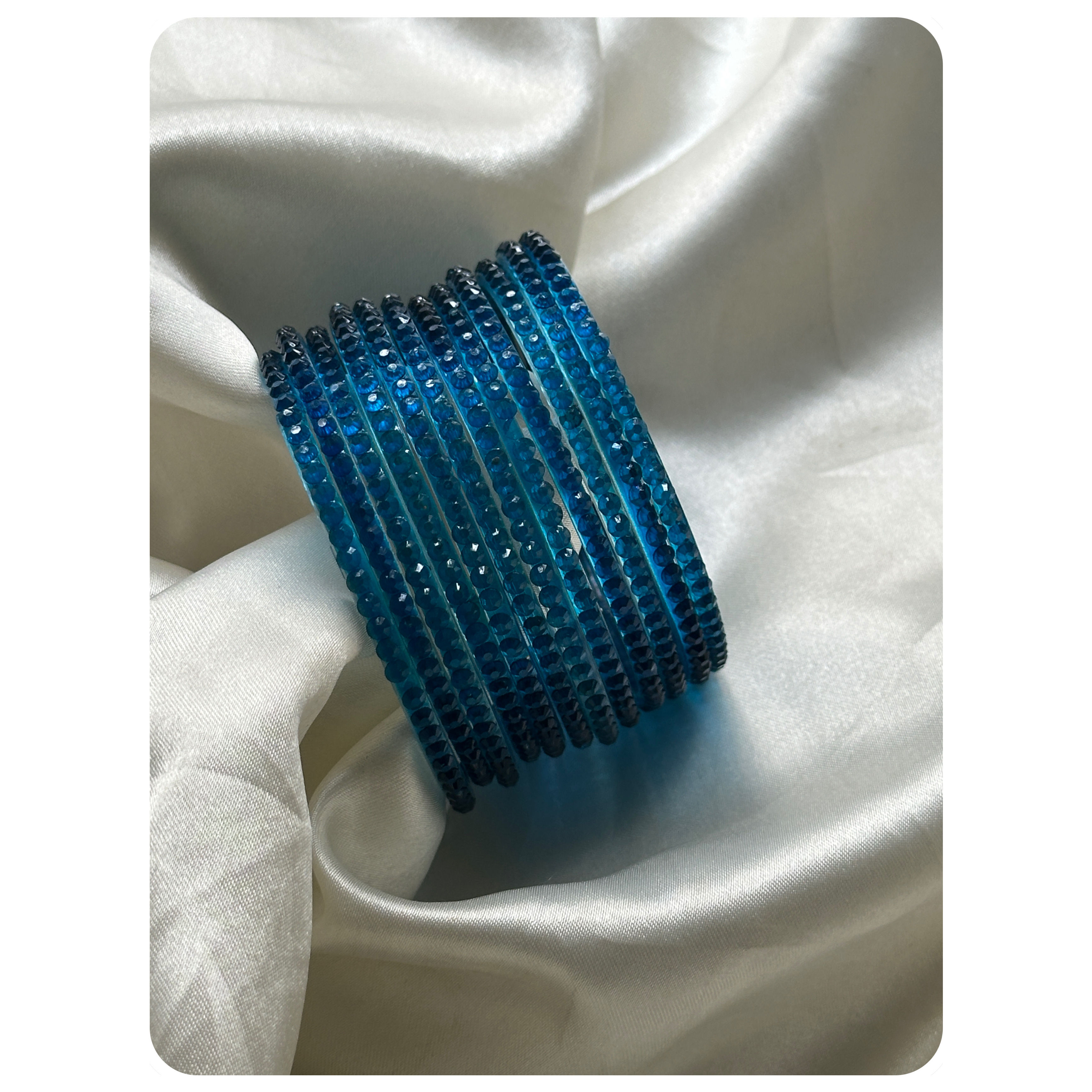 Indigo Blue Crystal Embellished Glass Bangle Set (12 pieces) Size- 2.10