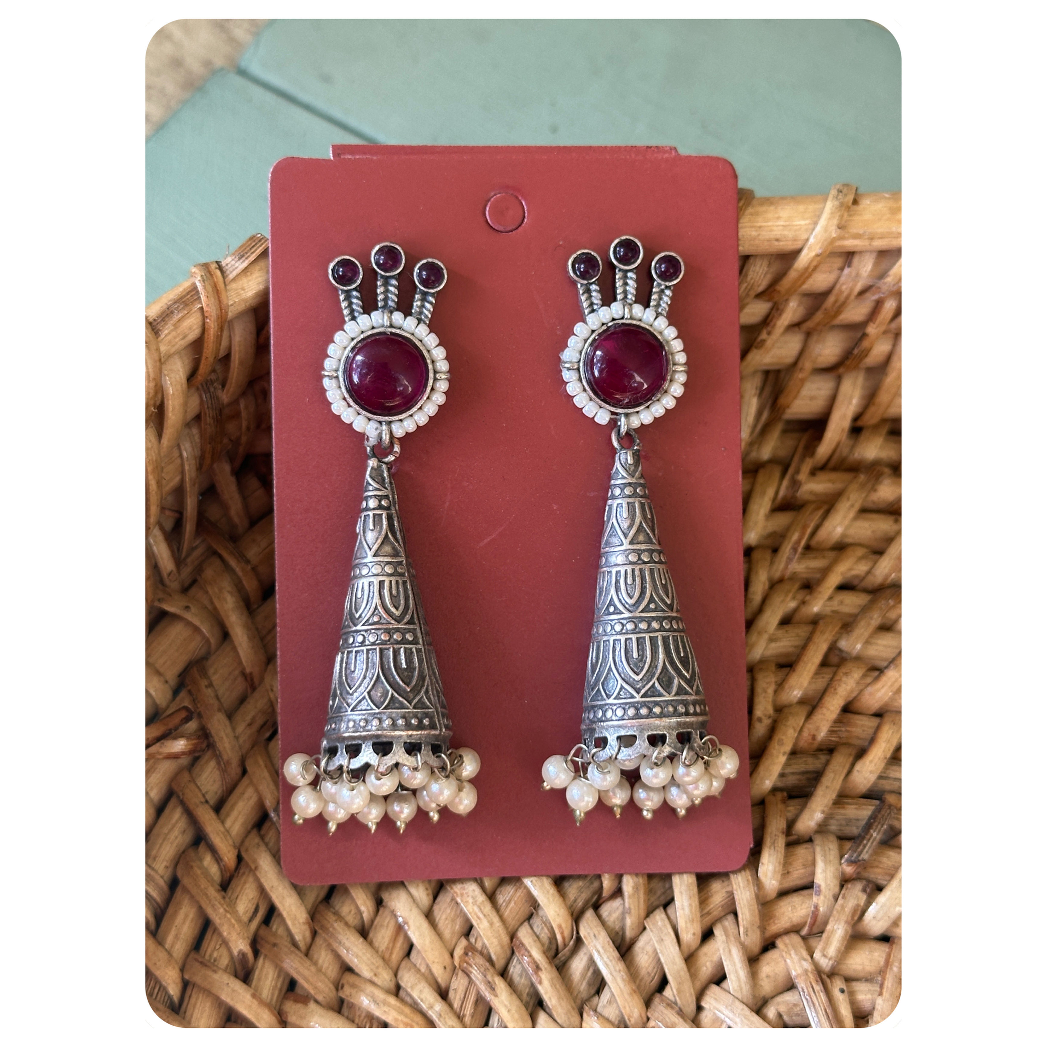 Silver Oxidised Dark Pink Stone Cone Jhumka