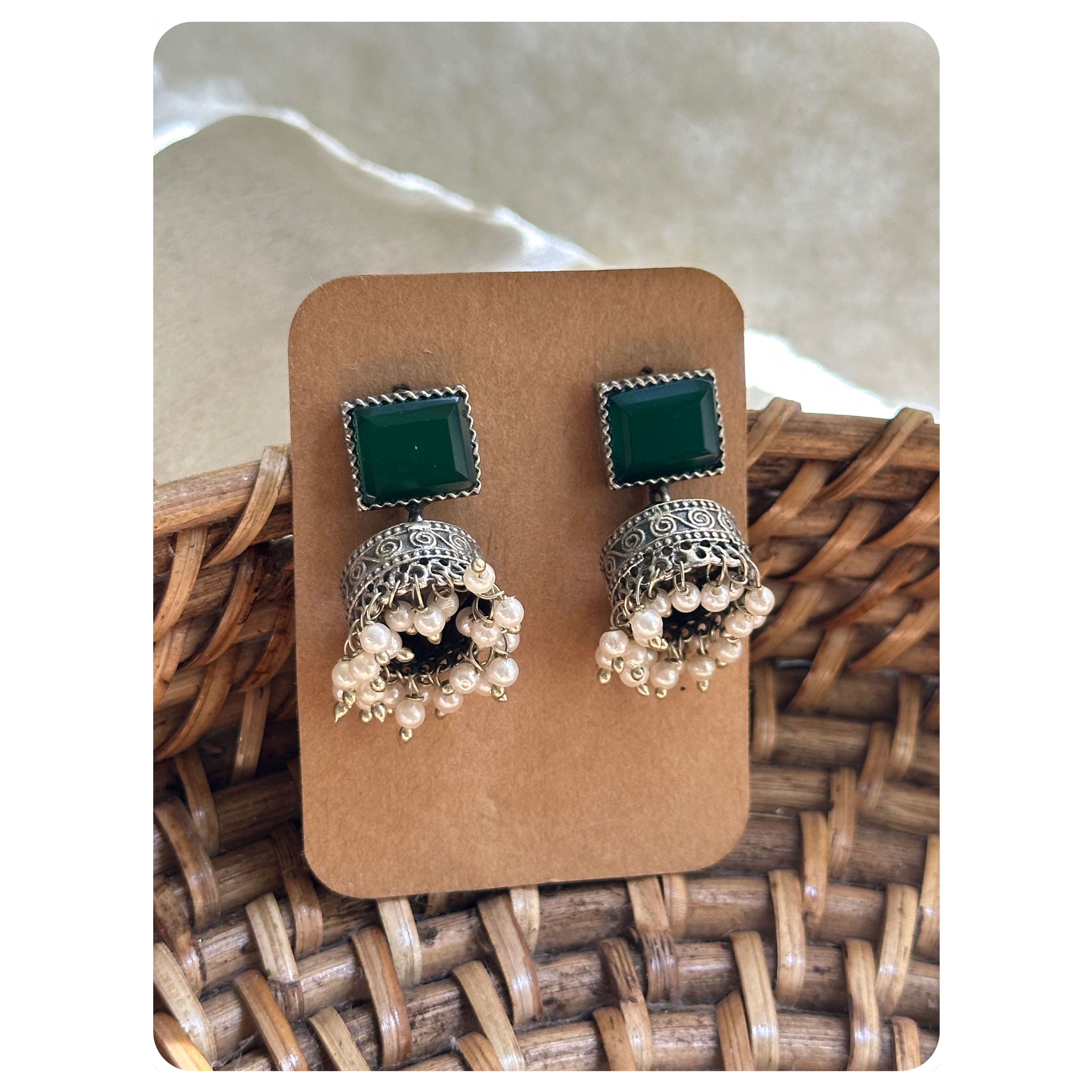 Silver Oxidised Green Square Stud Jhumkas