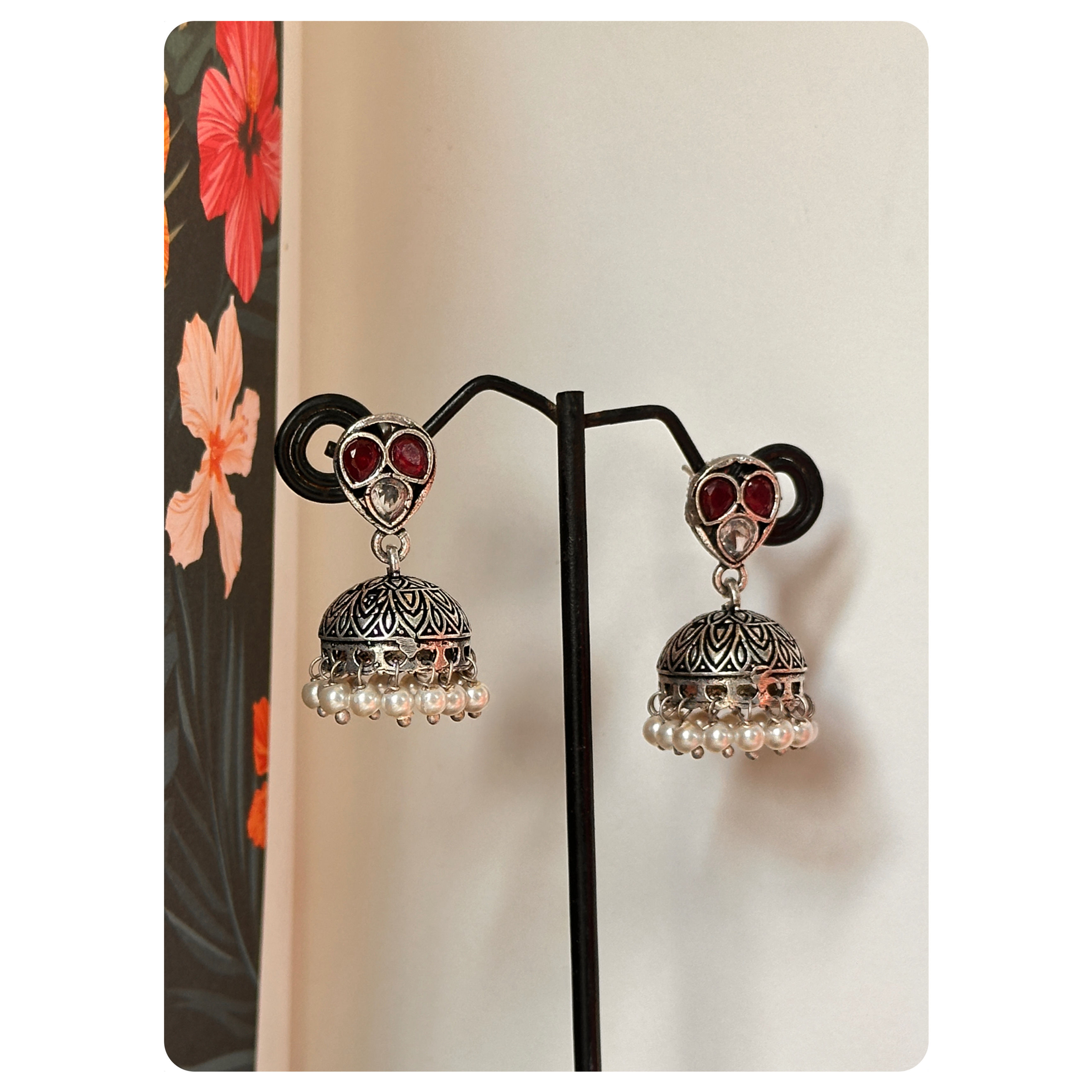 Silver Toned Pink and White Stone Jhumka