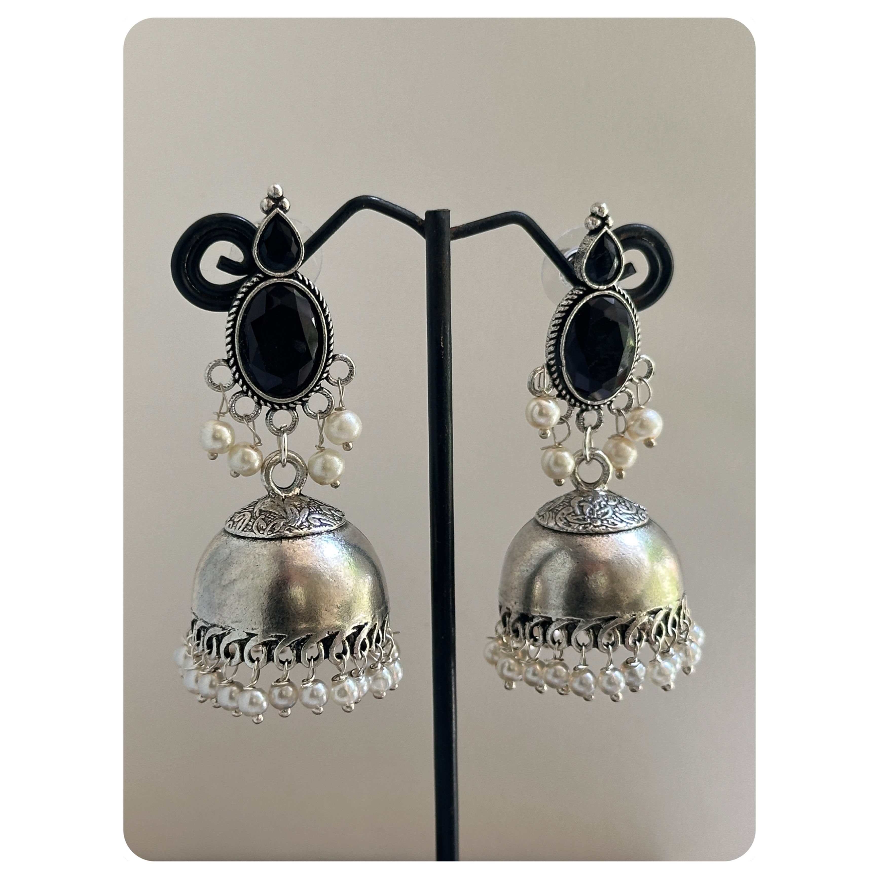 Silver Toned Black Stone Stud Jhumkas