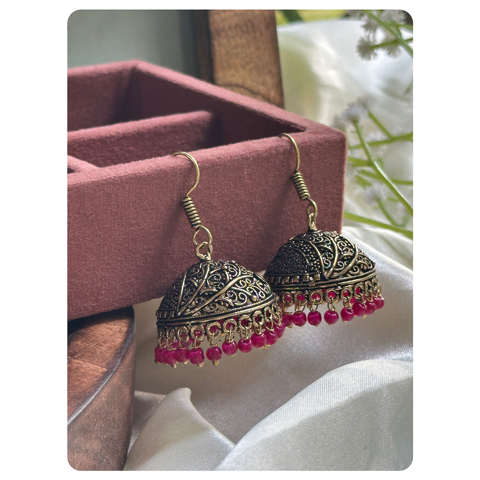 Antique Gold Toned Pink Beaded Medium Jhumkas