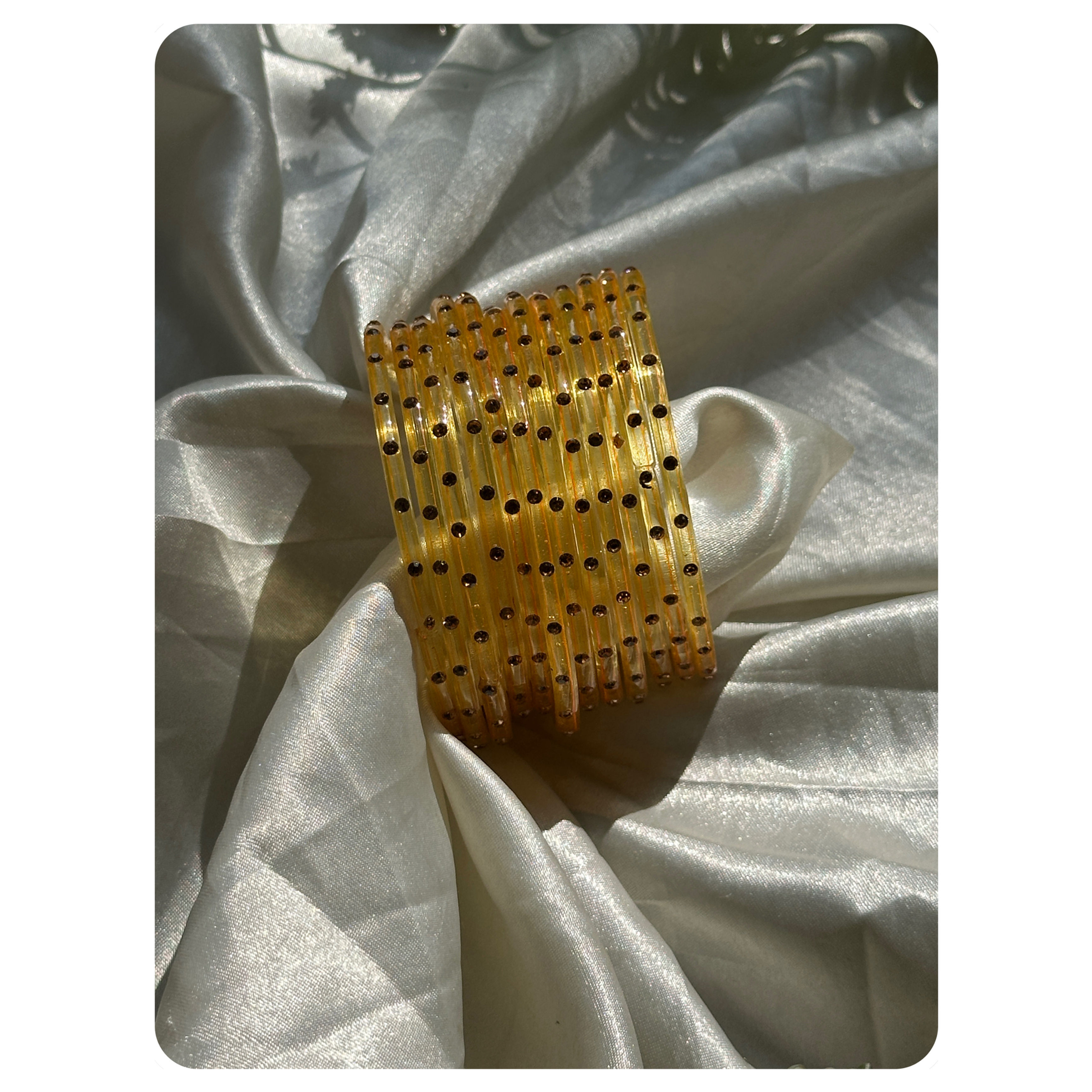 Yellow Zircon Stone Glass Bangle Set (12 pieces) Size- 2.8