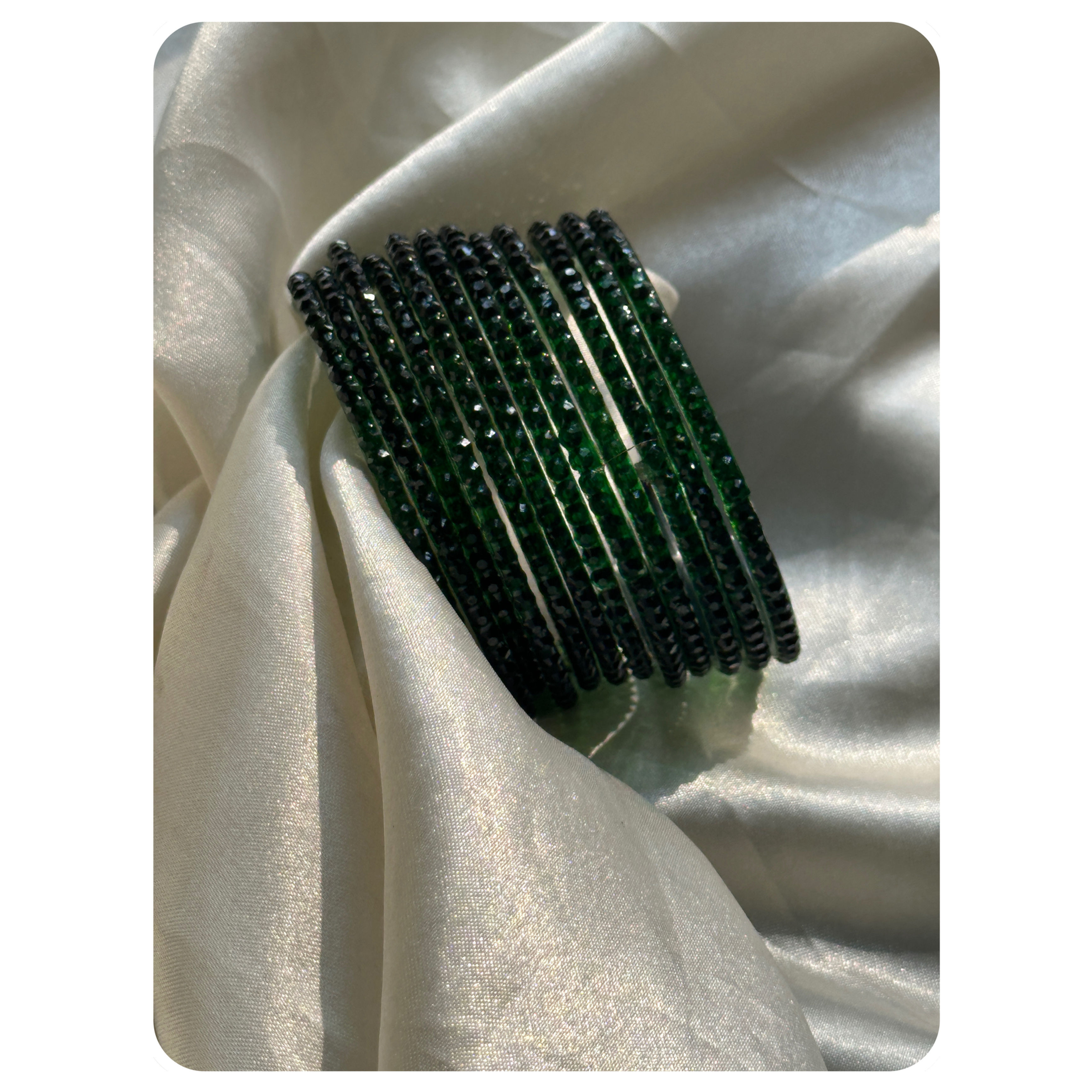 Bottle Green Crystal Embellished Glass Bangle Set (12 pieces) Size- 2.8