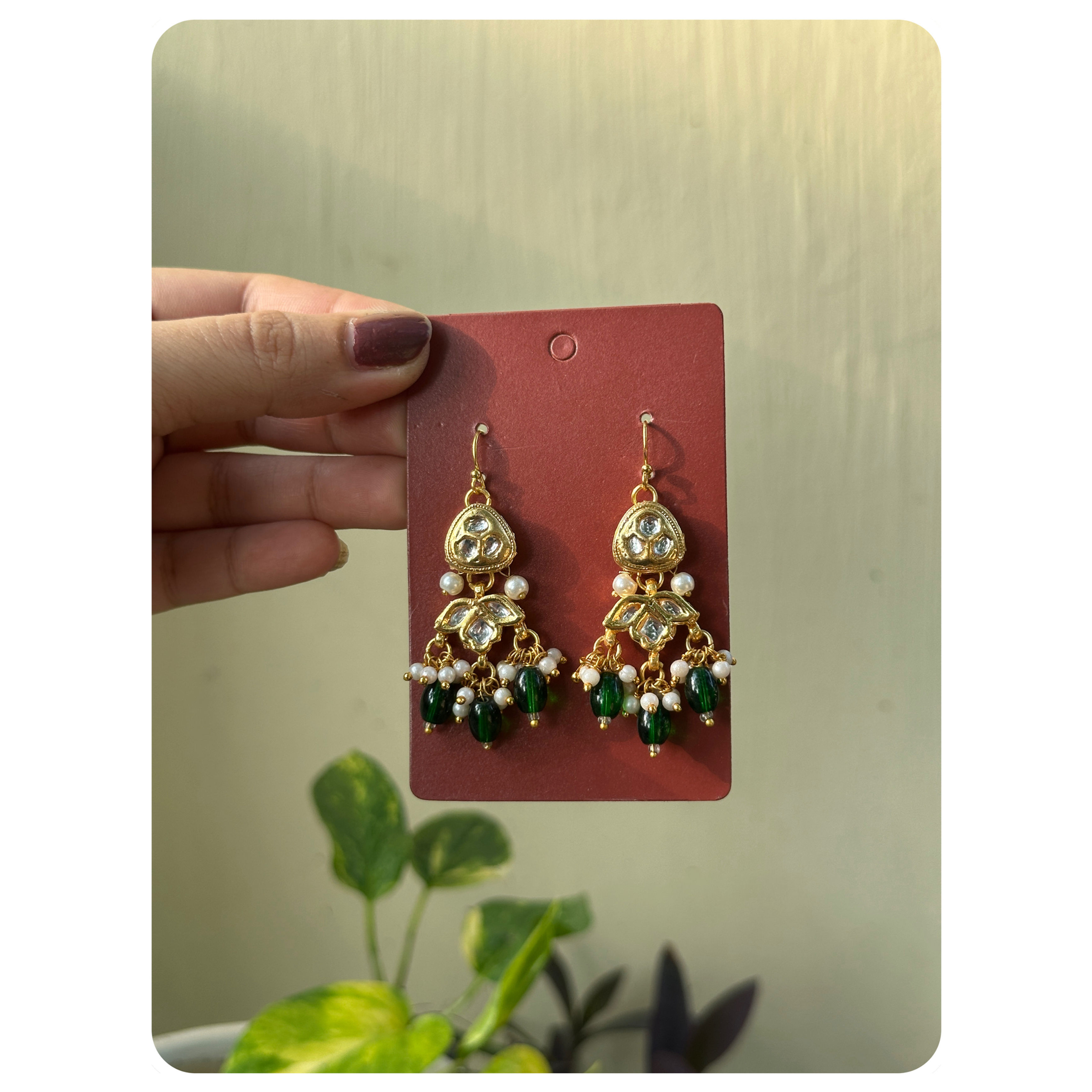 Gold Toned Green Beaded Kundan Earrings