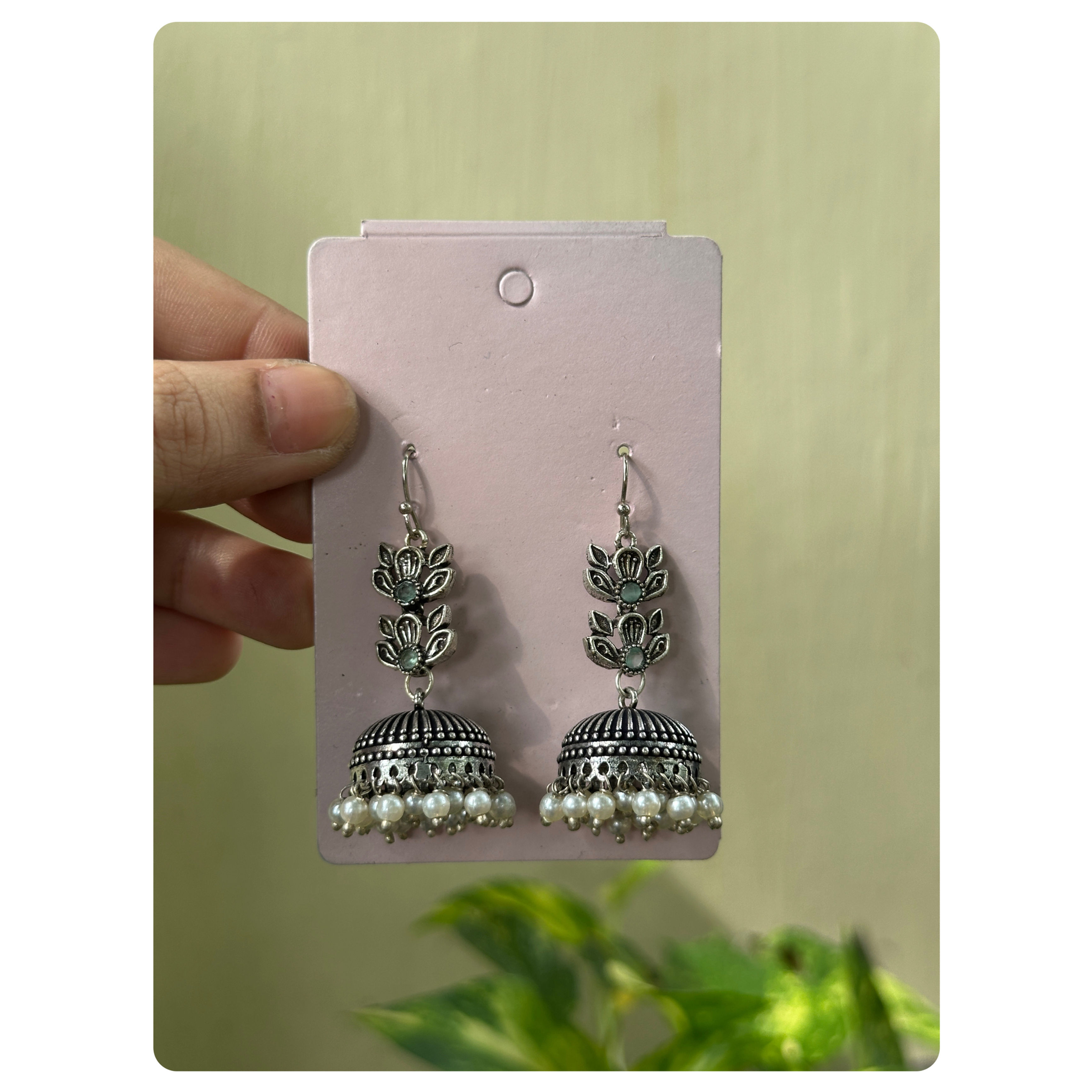 Silver Toned Mint Stone Leaf Motif Jhumka