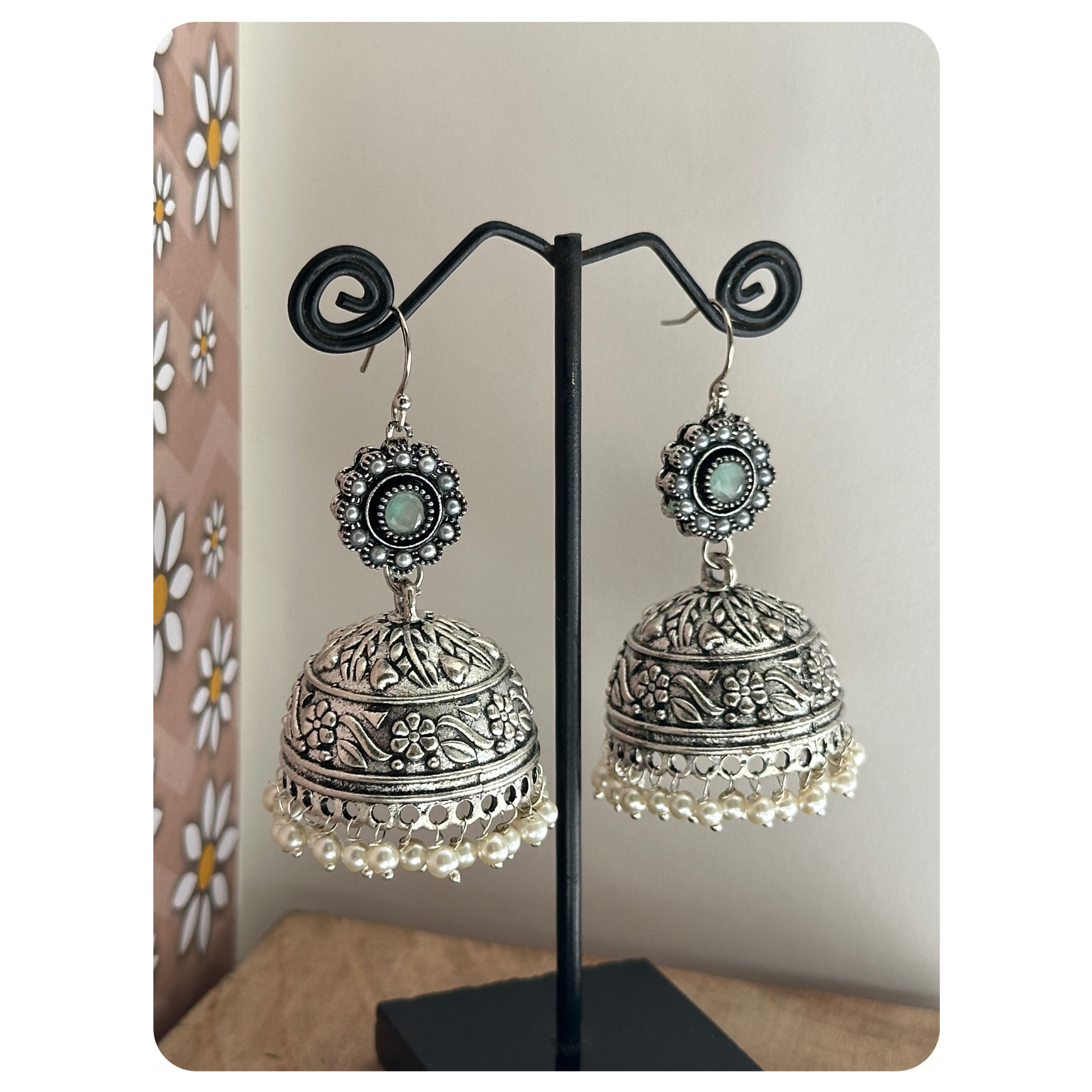Silver Toned Mint Stone Floral Motif Jhumkas