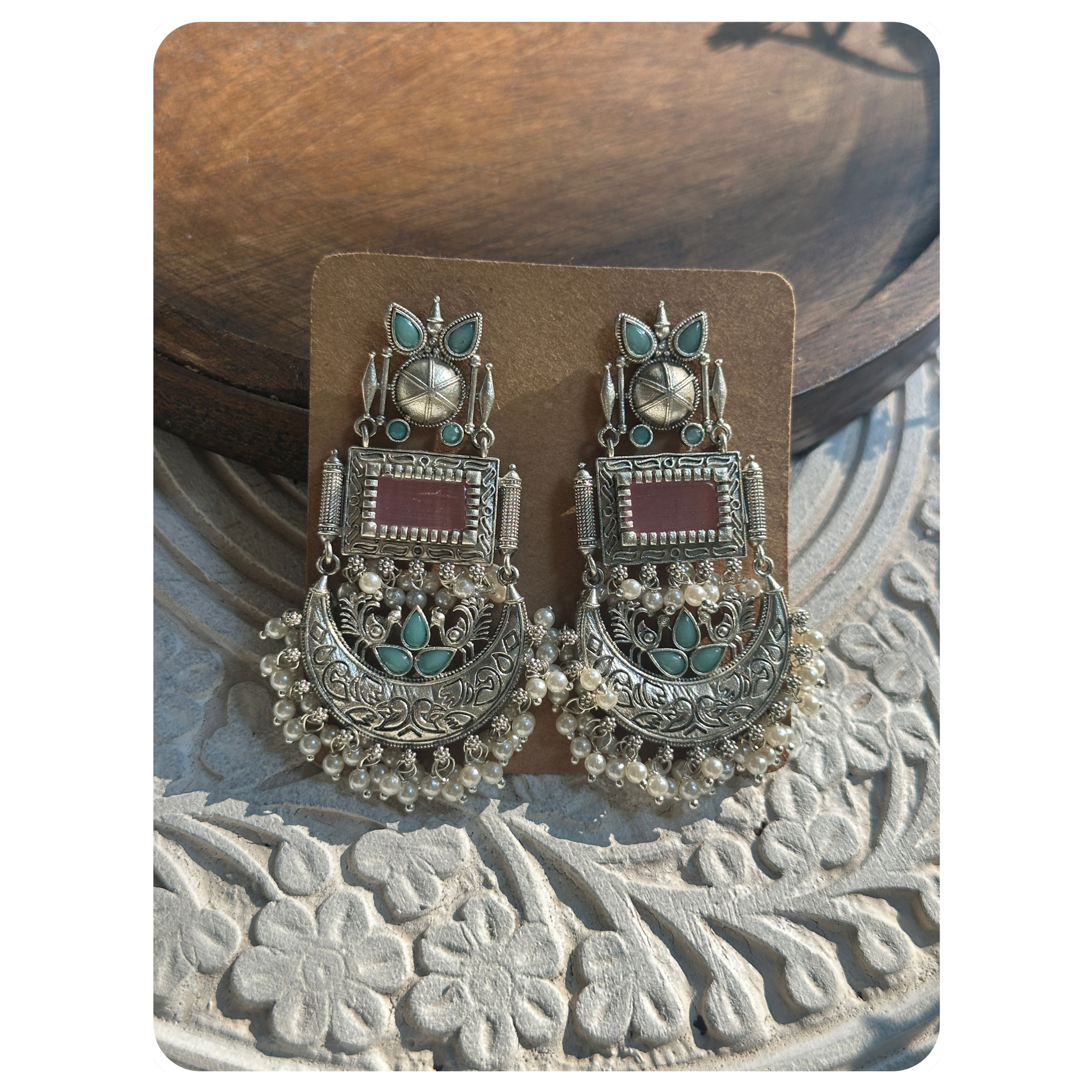 Silver Oxidised Baby Pink and Turquoise Stone Embellished Long Chandbalis 