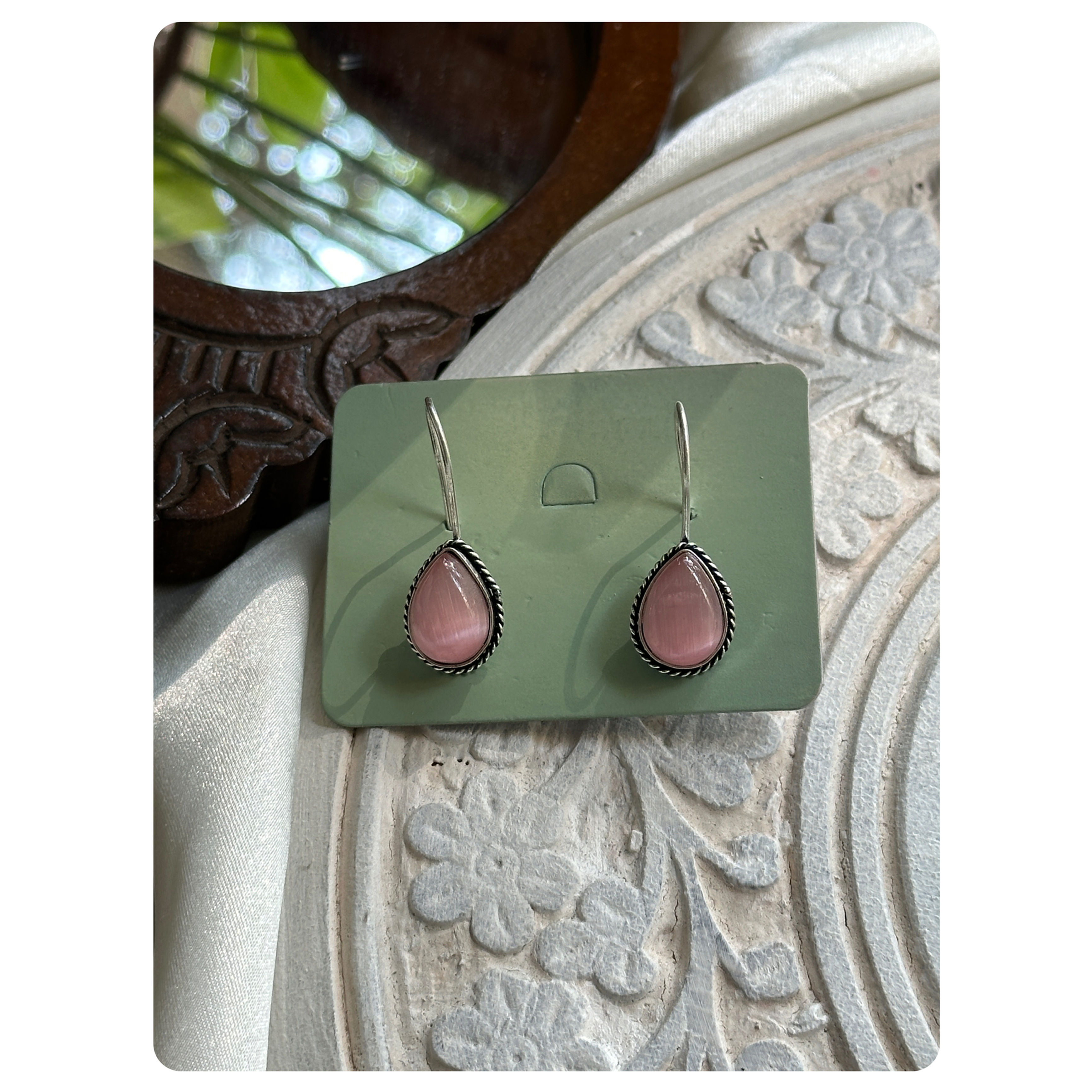 Silver Toned Baby Pink Monalisa Tear Drop Hook Earrings