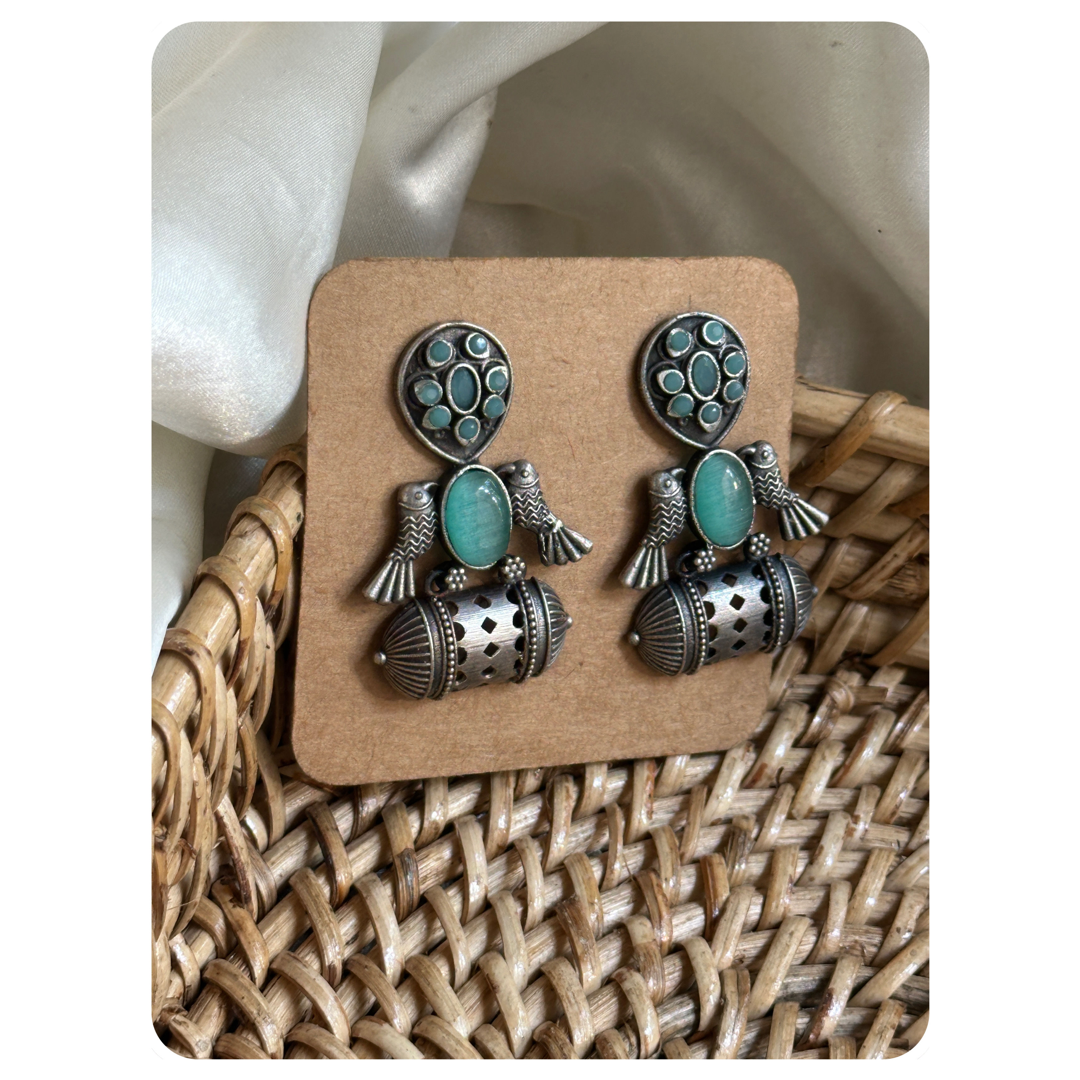 Silver Oxidised Turquoise Stone Dual Bird Motif Stud