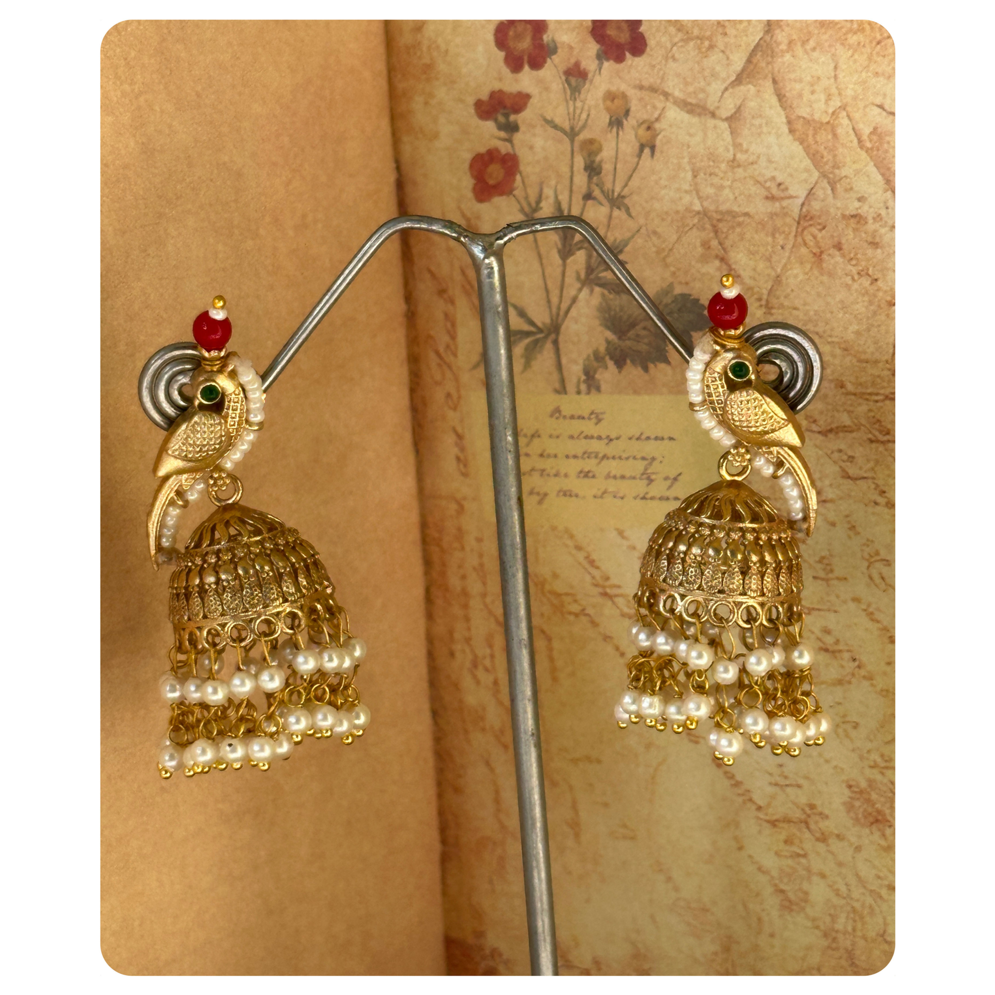 Gold Toned Parrot Studded Pearl Layered Jhumka