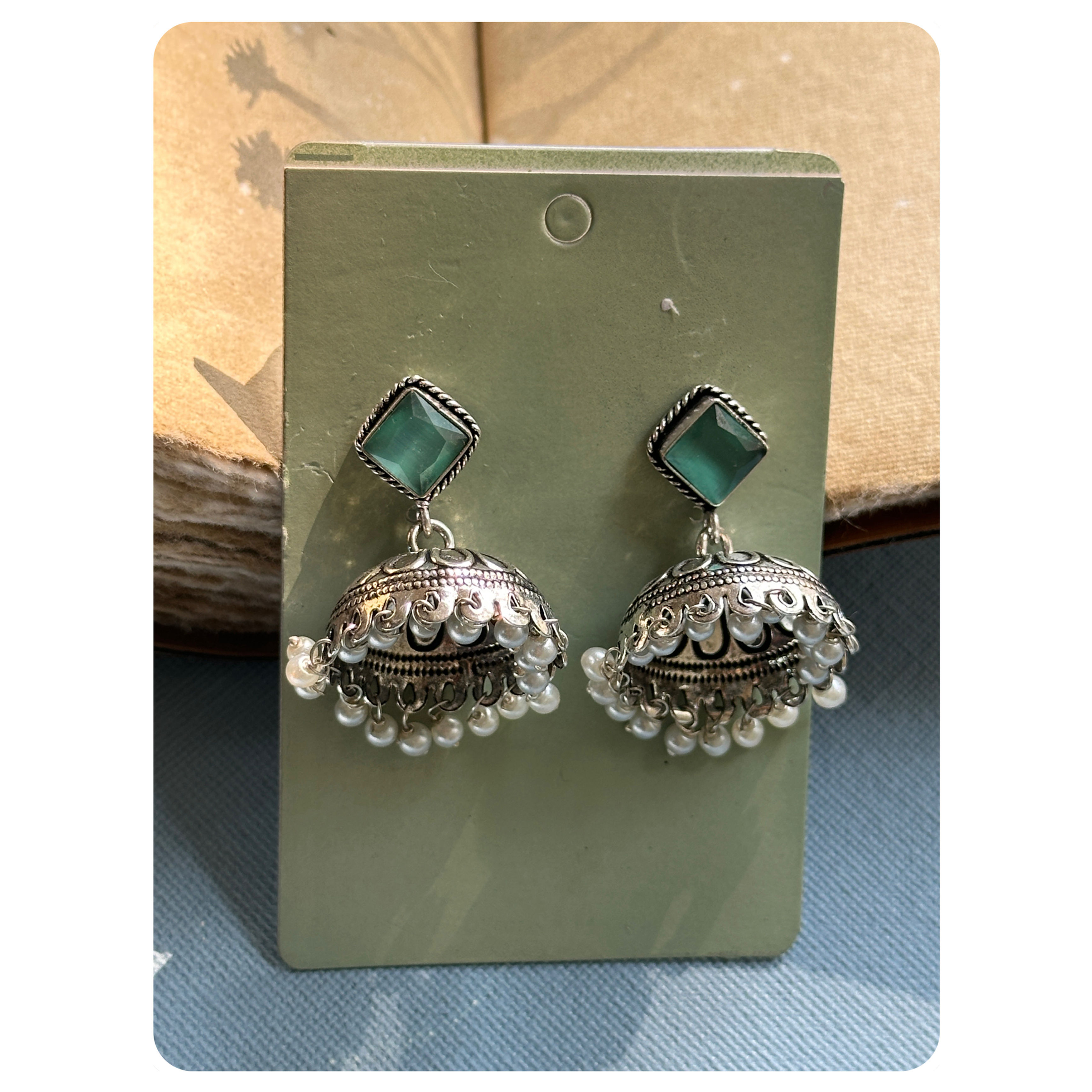 Silver Toned Mint Stone Square Stud Jhumkas 