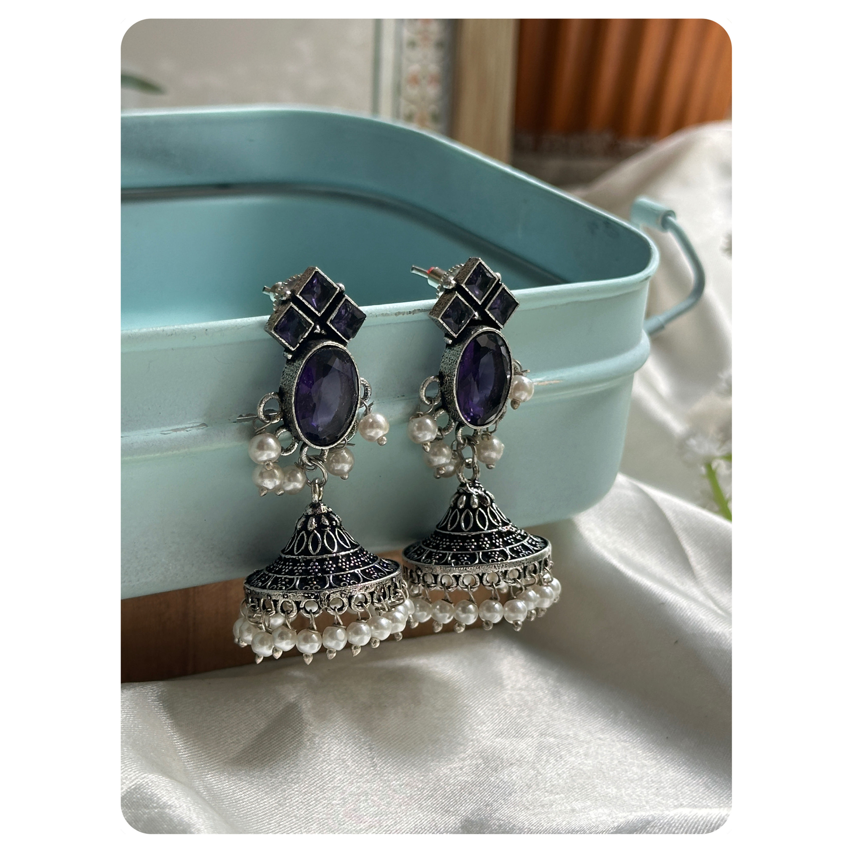 Silver Toned Violet Stone Jhumka