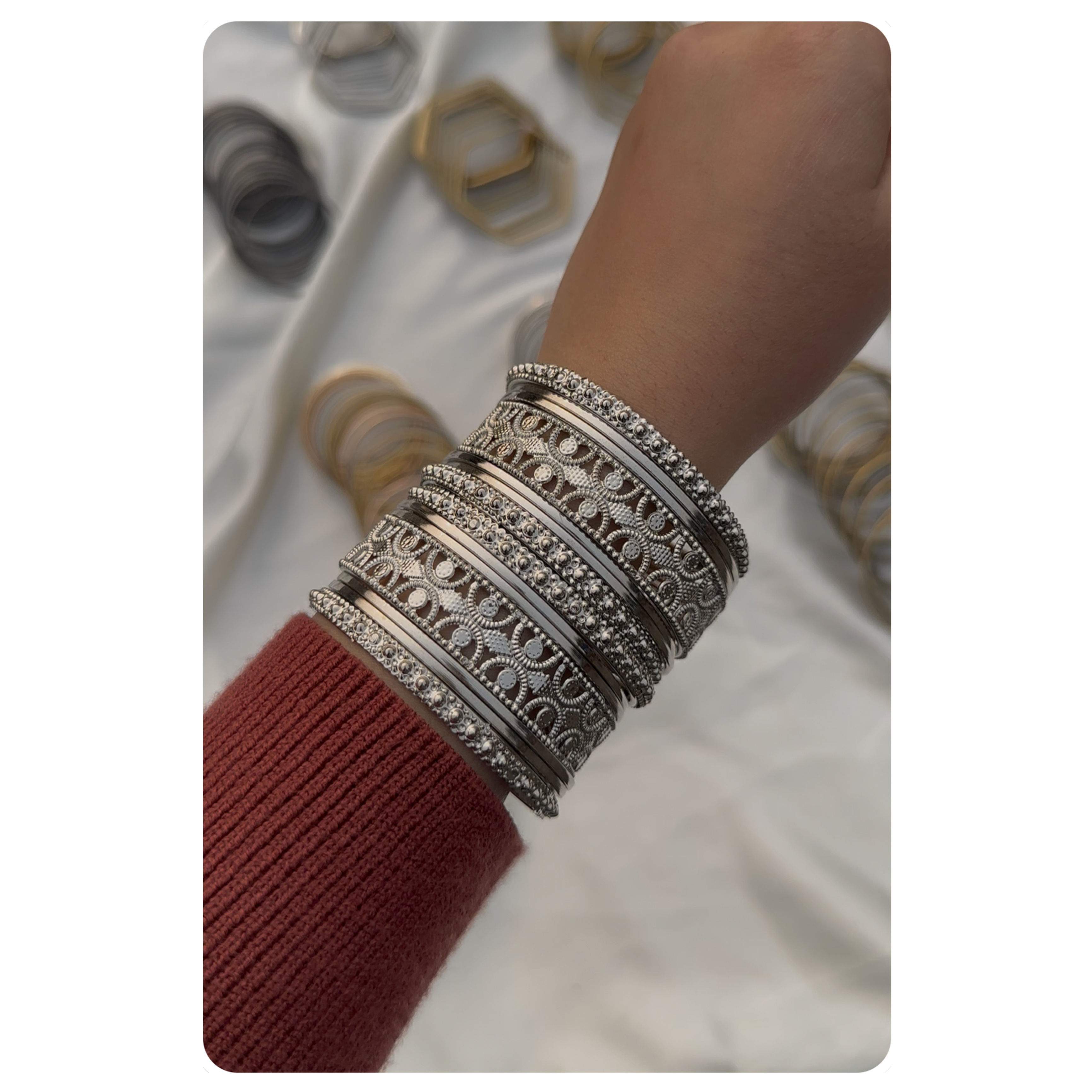 Silver Toned Mix Bangle Set (14 pieces) Size- 2.4