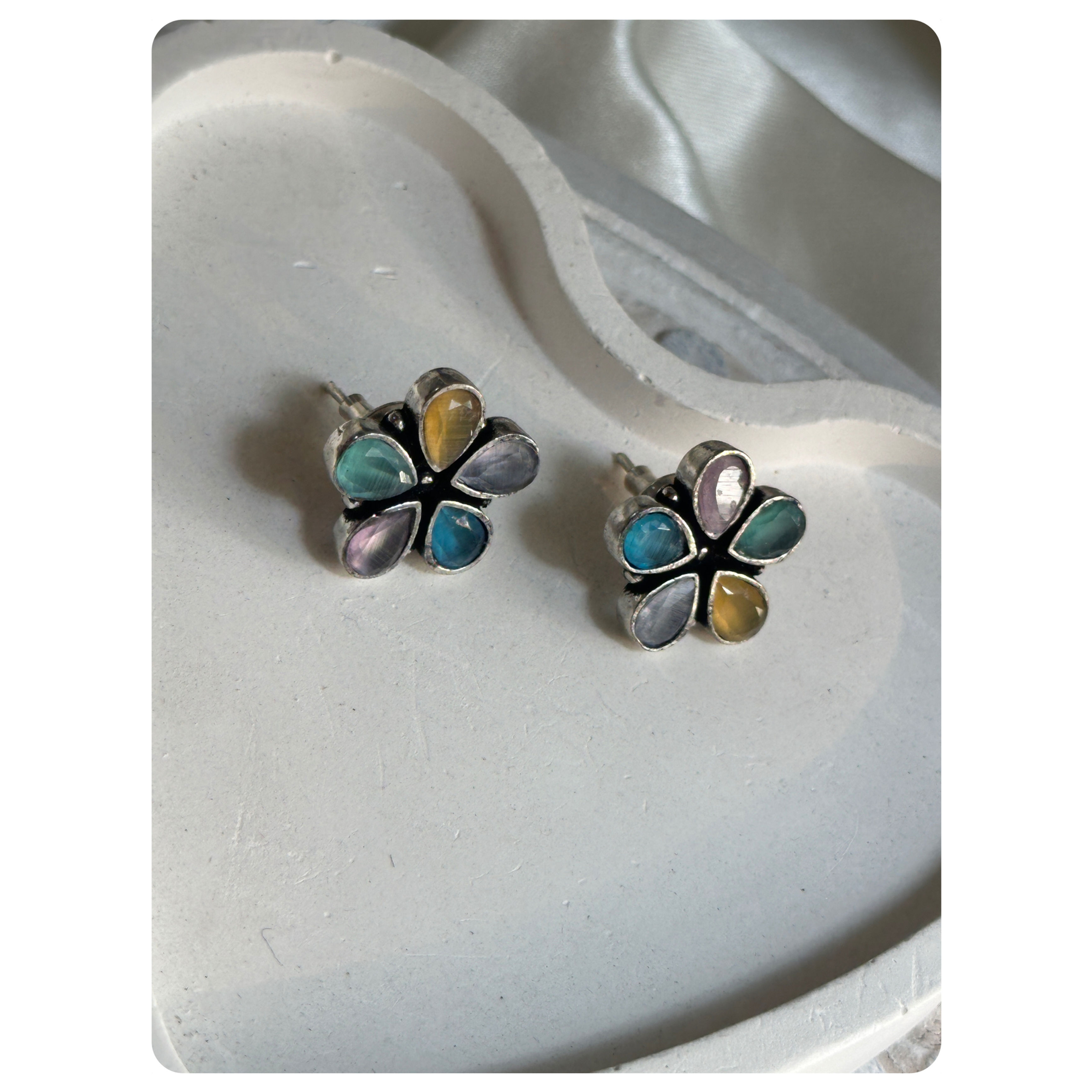 Silver Toned Multicolour Stone Floral Stud