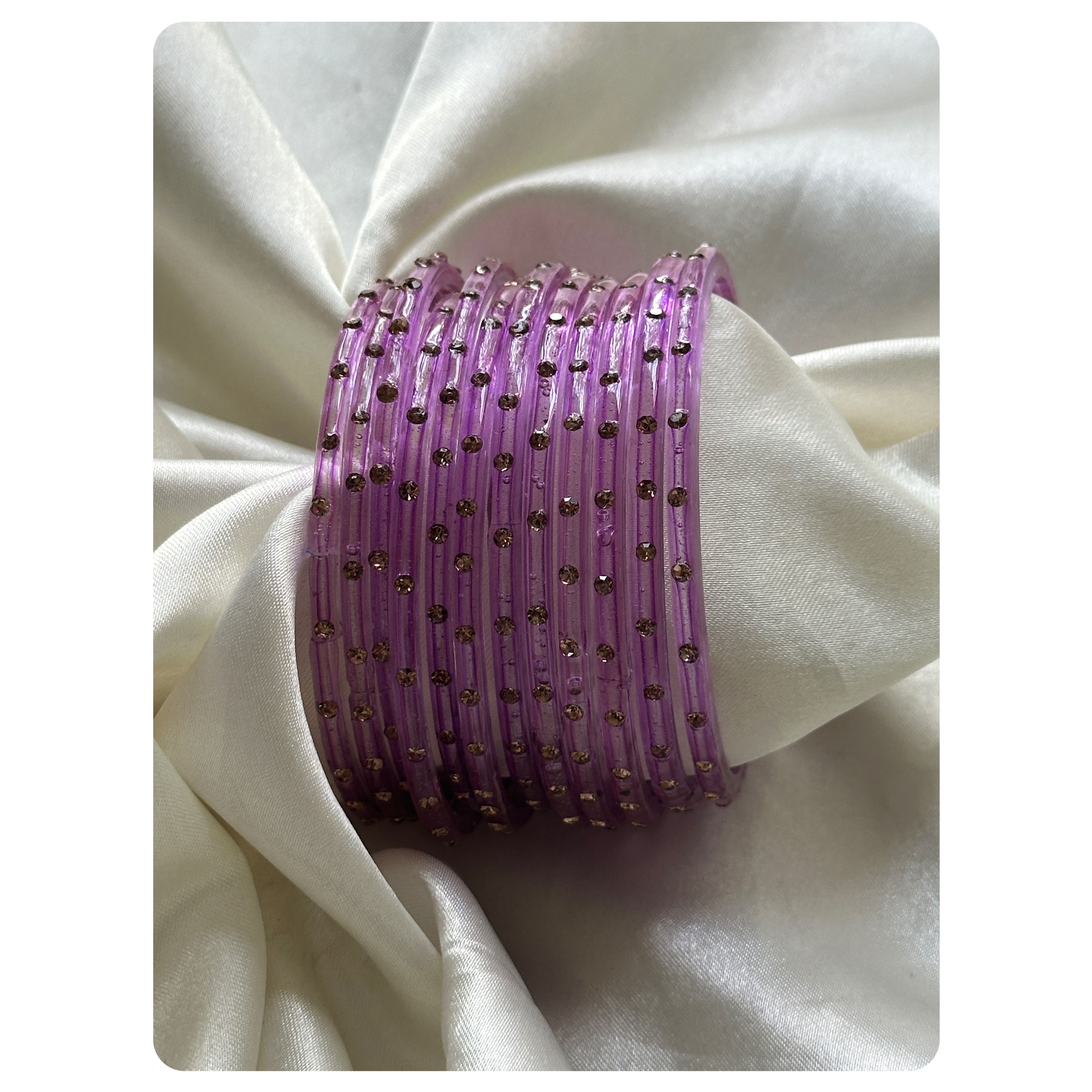Lavender Glass Bangle Set with Zircon Embellishments (12 pieces) Size- 2.10