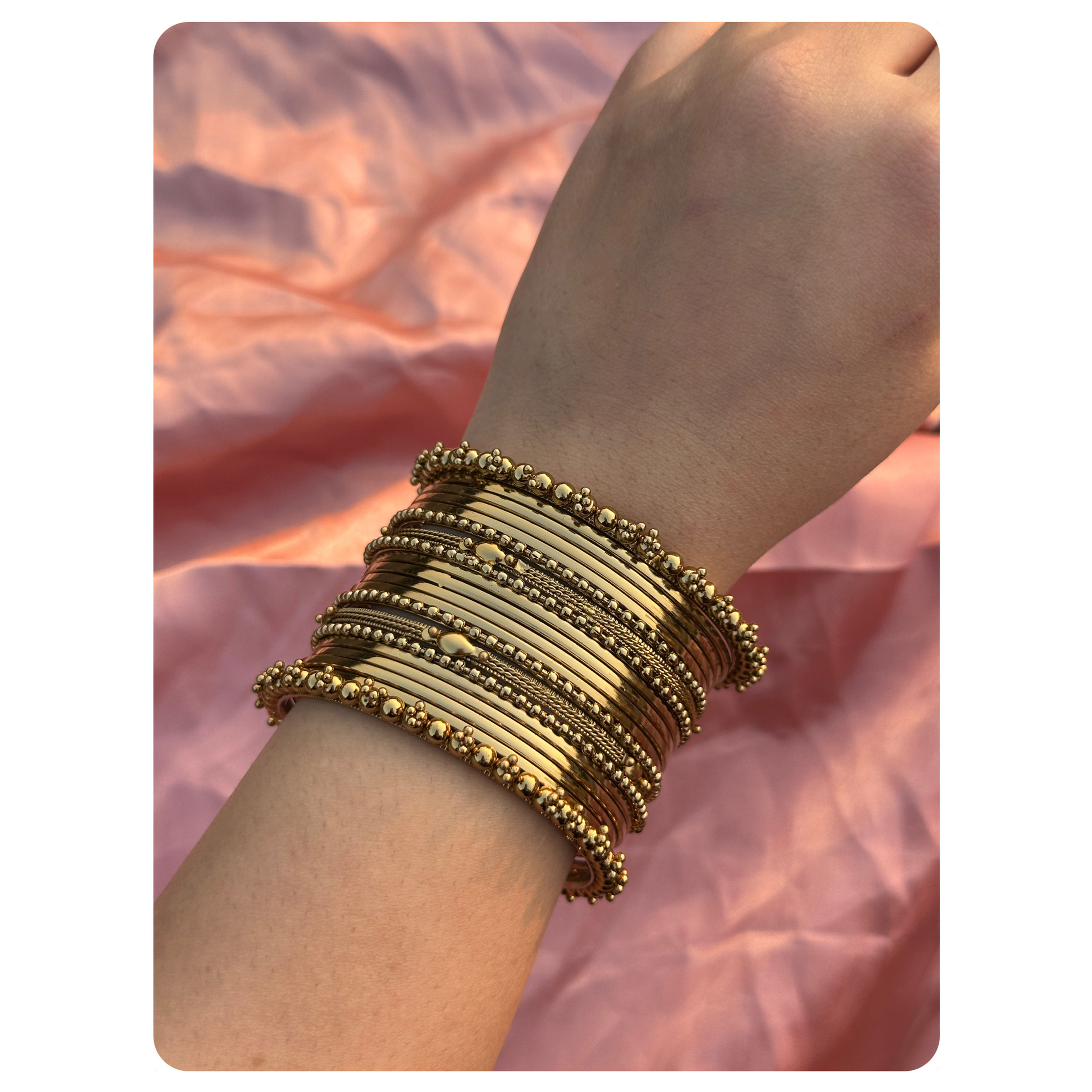 Gold Toned Plain and Beaded Bangle Set (20 pieces) Size- 2.8