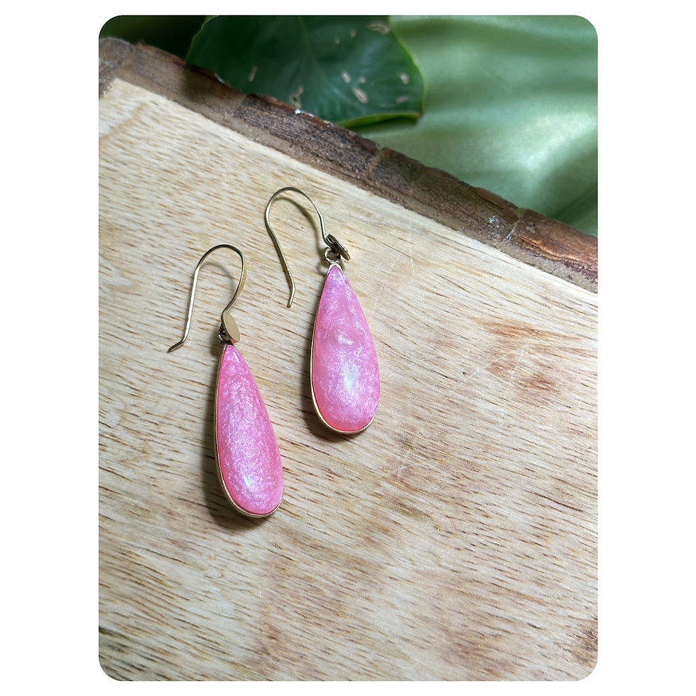 Gold Toned Pink Resin Tear Drop Earrings