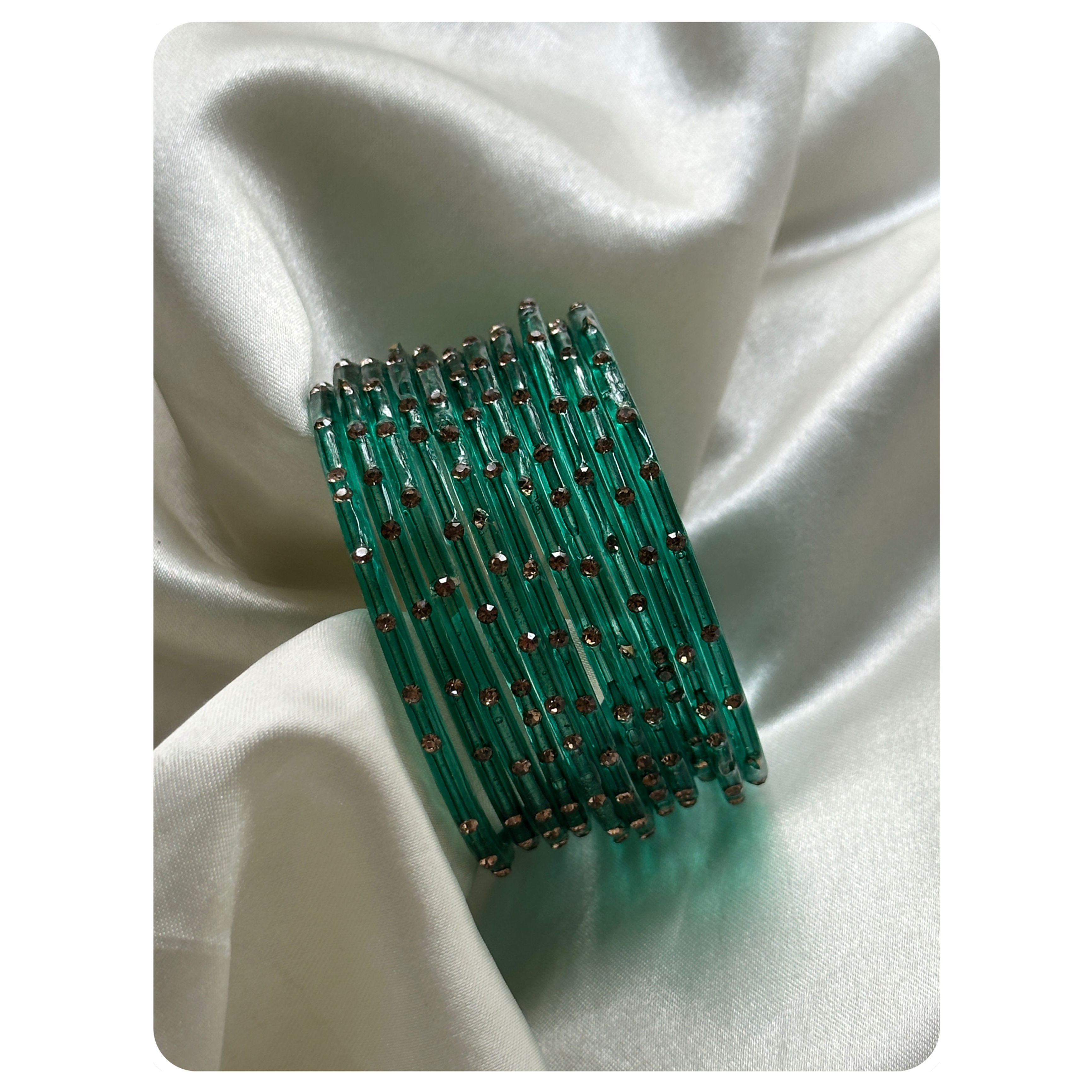 Sea Green Glass Bangle Set with Zircon Embellishments (12 pieces) Size- 2.6