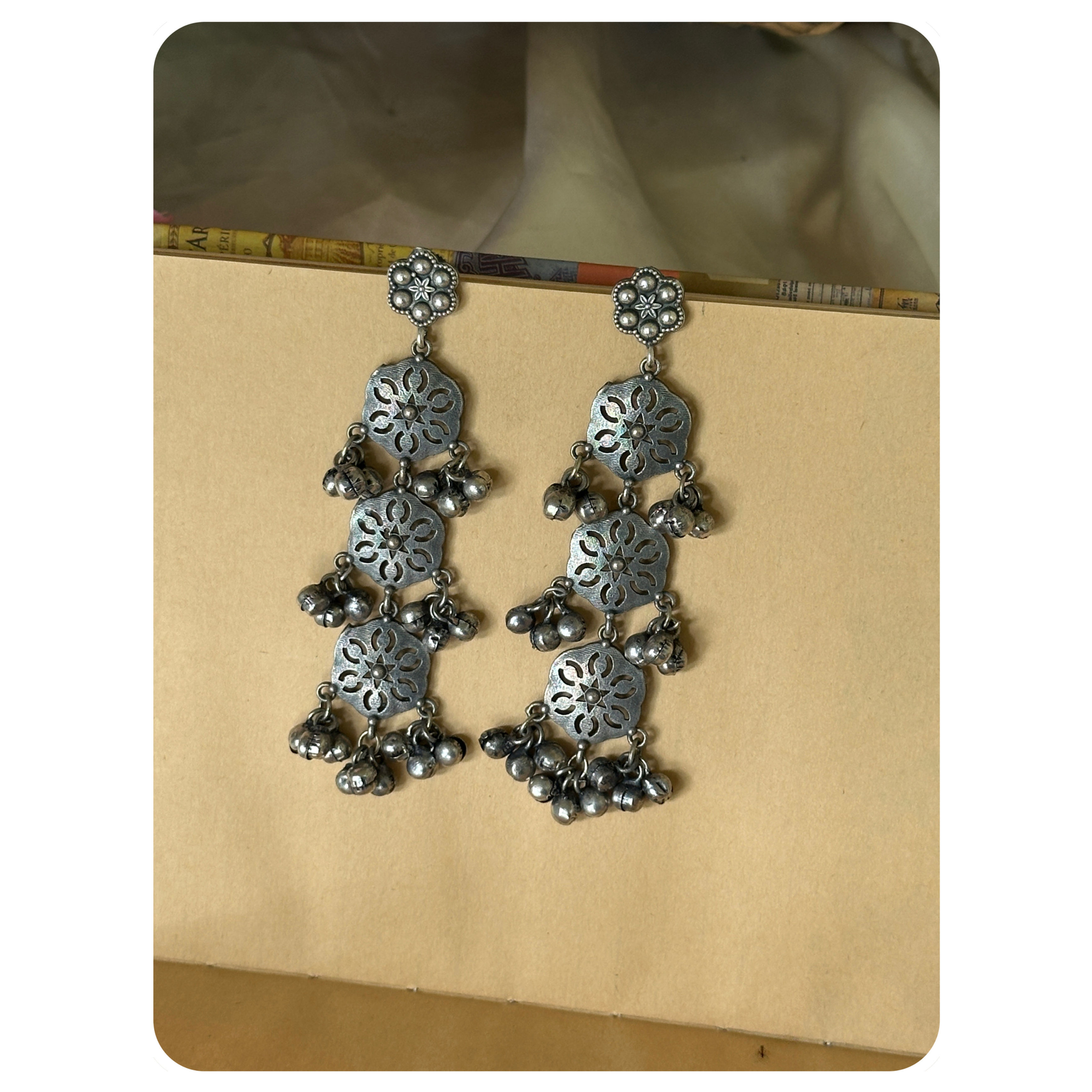 Silver Oxidised Ghungroo Layered Long Earrings