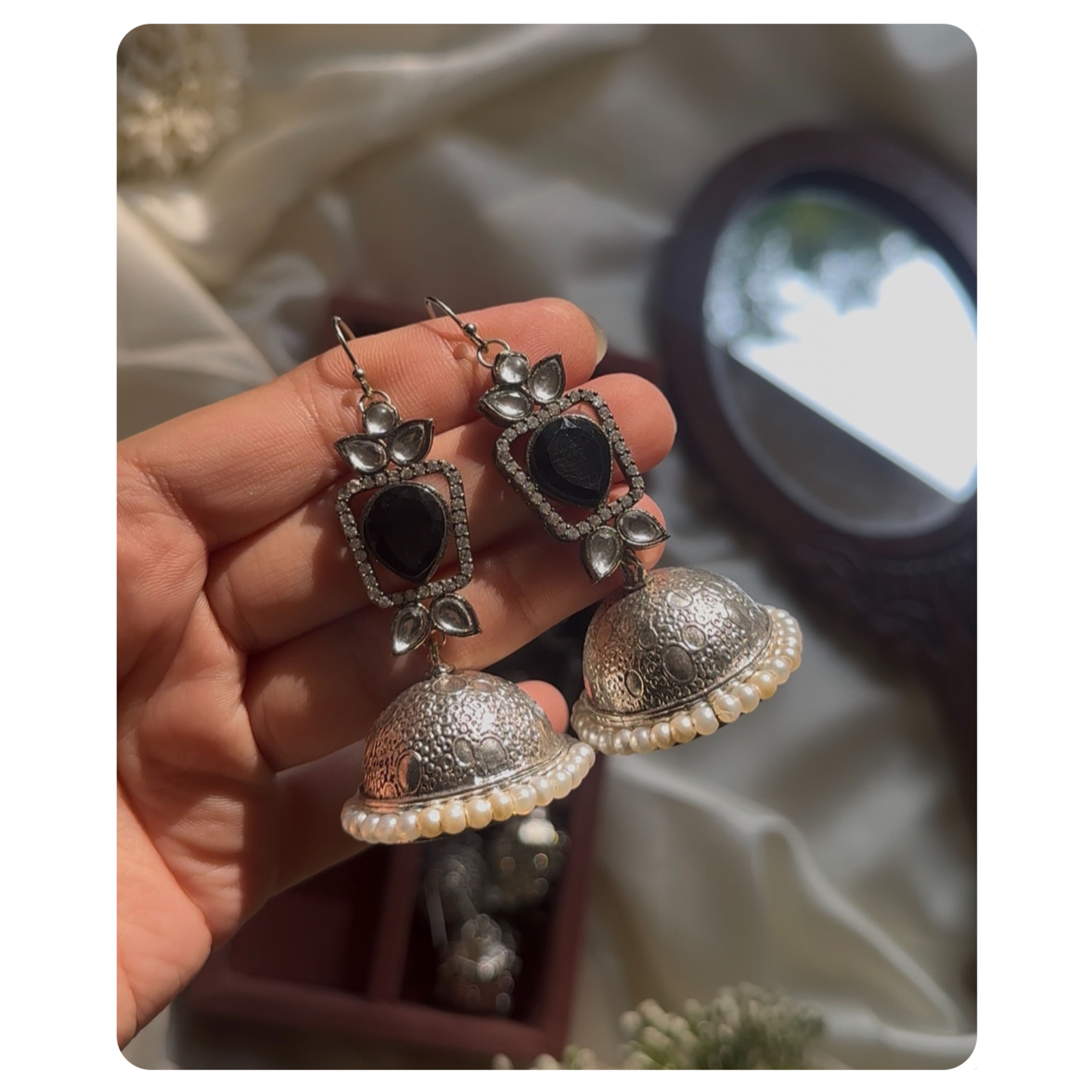 Silver Toned Black Stone Pearl Wrapped Jhumkas