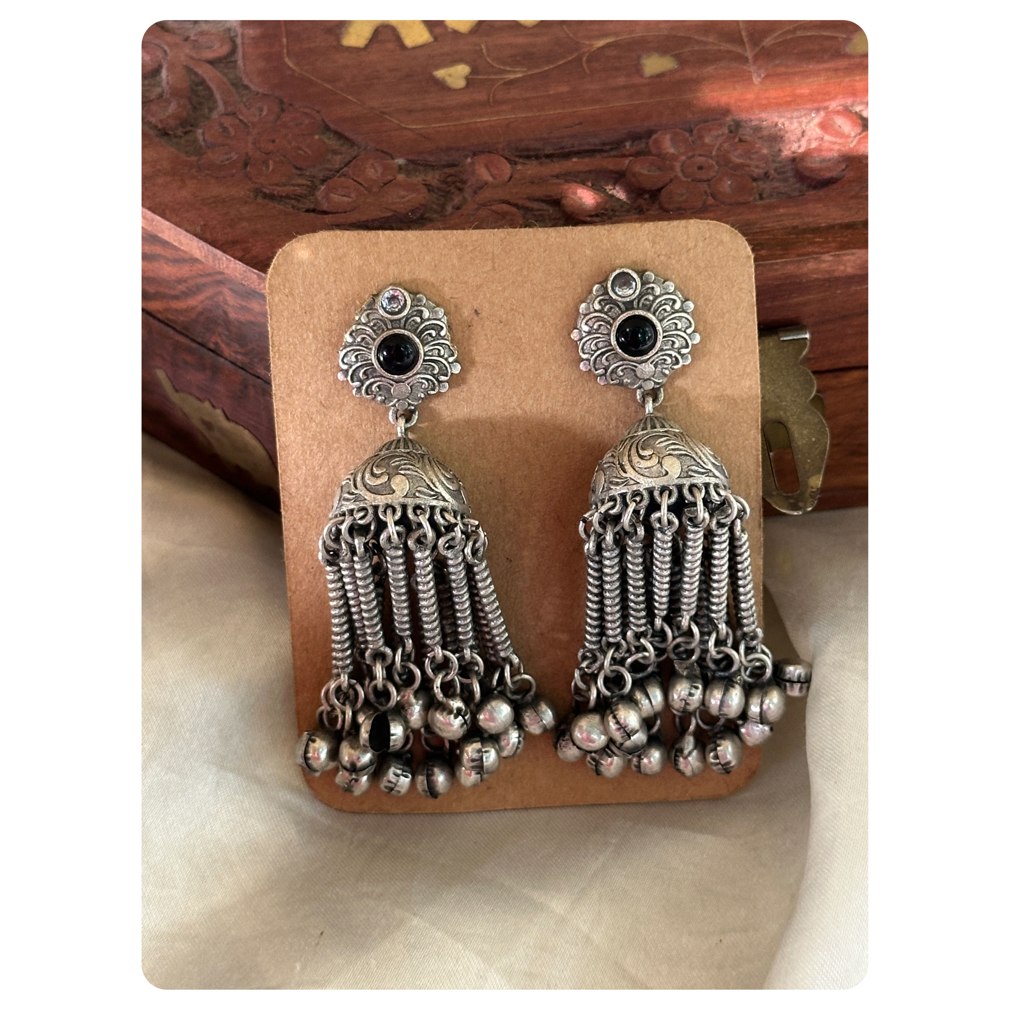 Silver Oxidised Black Stone Floral Stud Ghungroo Jhumka