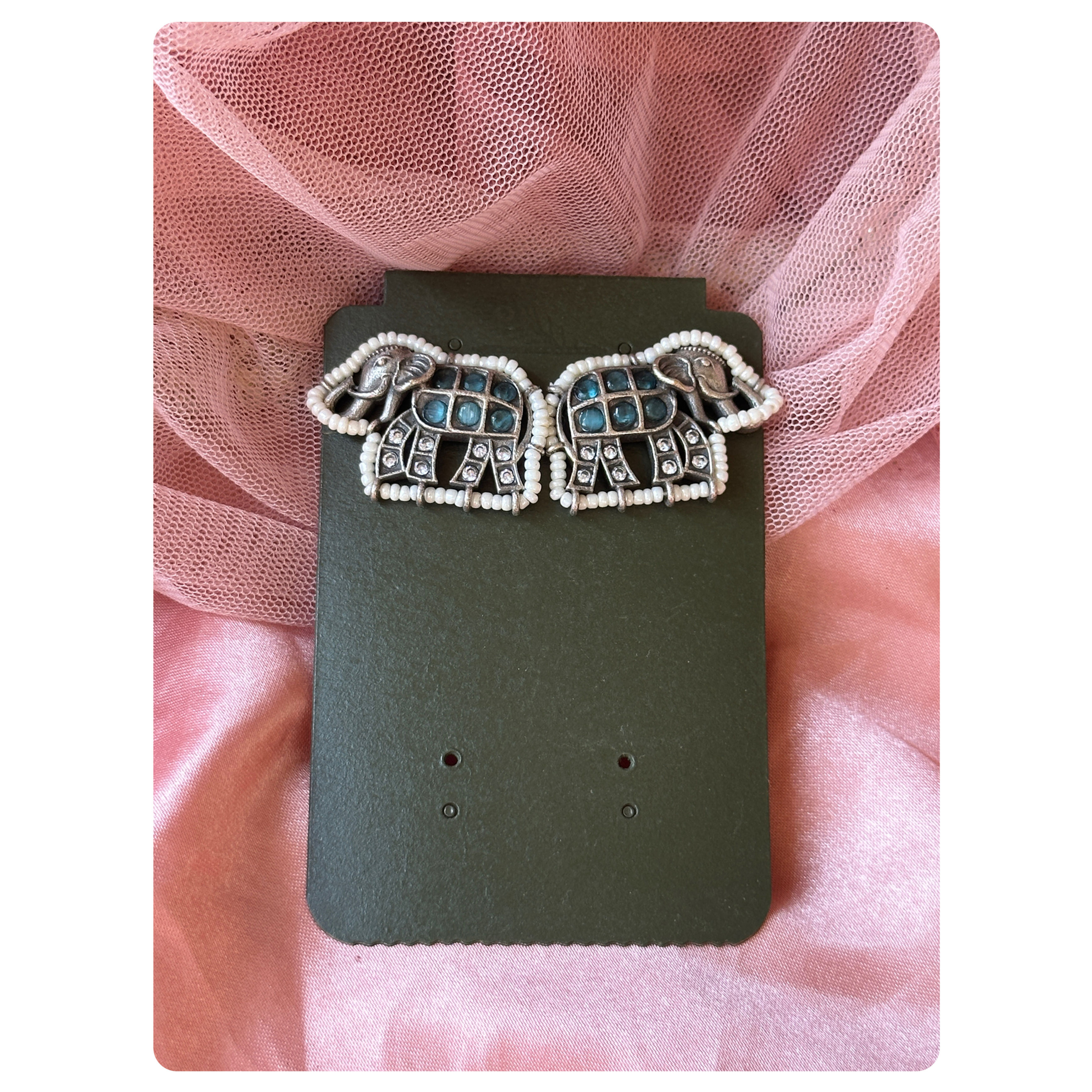 Silver Oxidised Blue Stone Elephant Studs