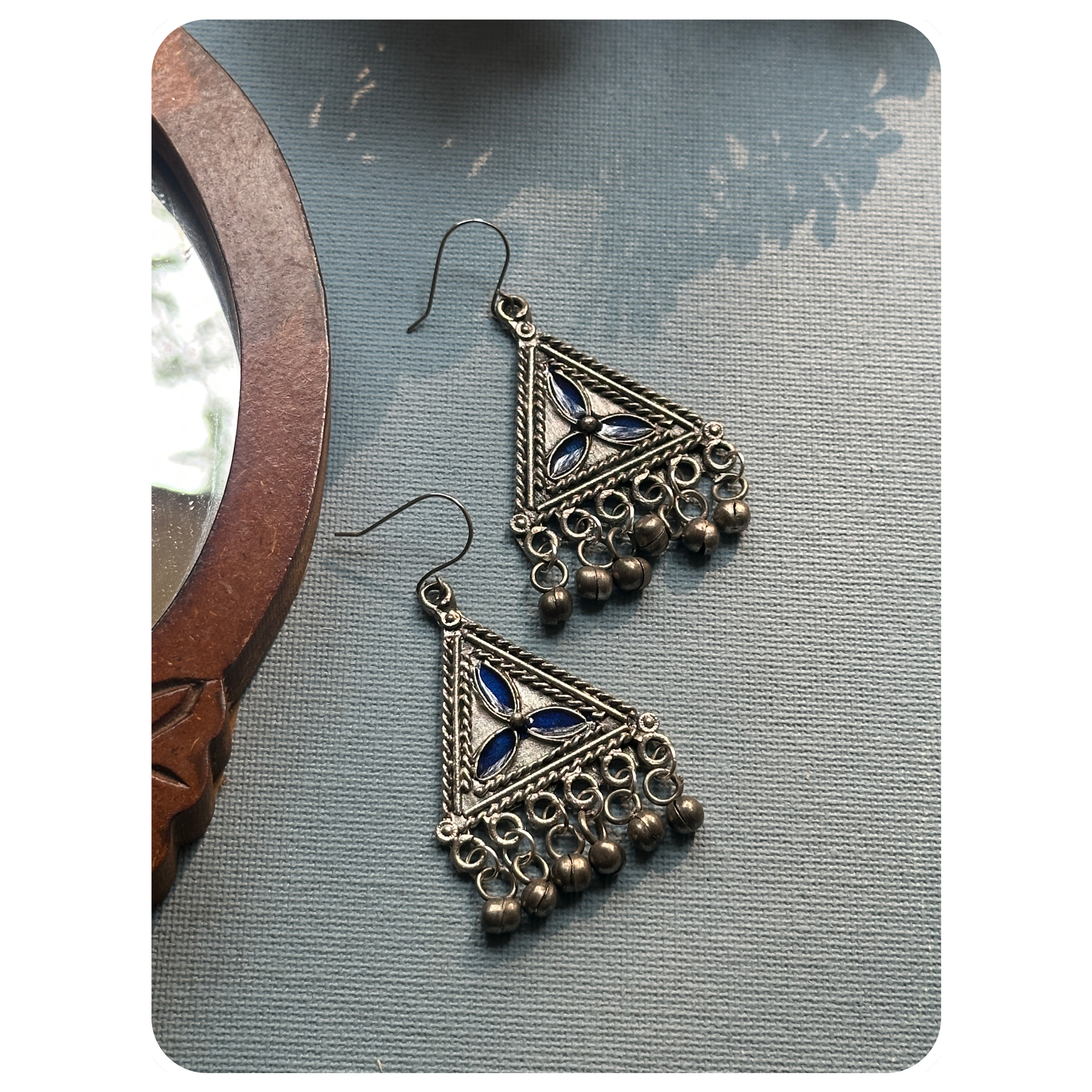 Black Oxidised Blue Enamelled Triangular Ghungroo Earrings