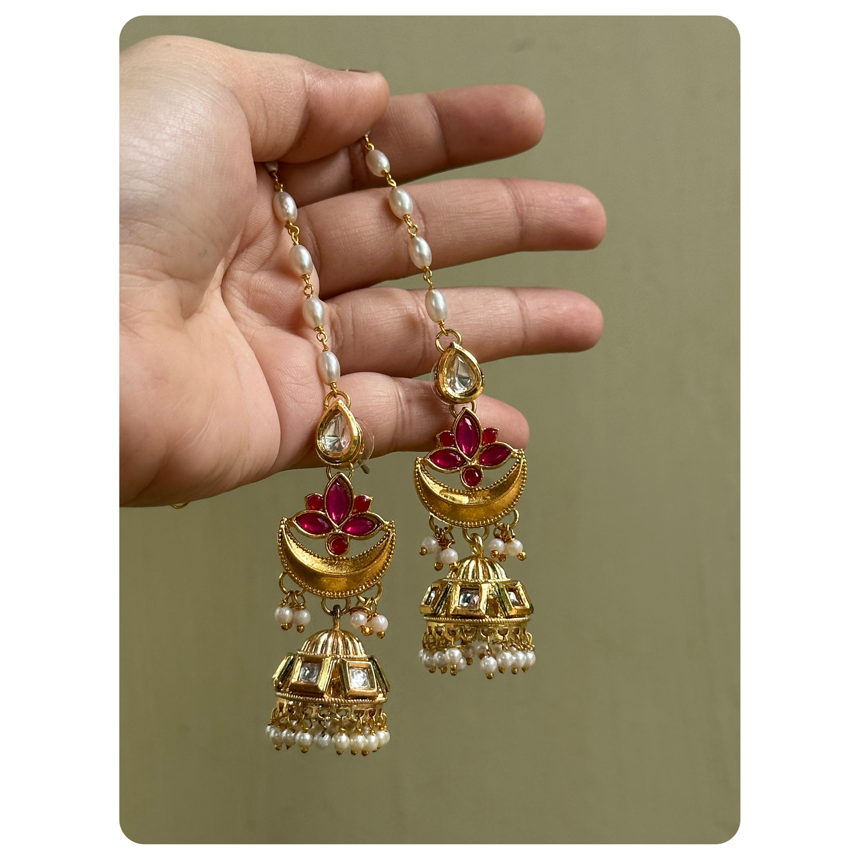 Gold Toned Rani Pink Kundan Kaanchain Jhumka