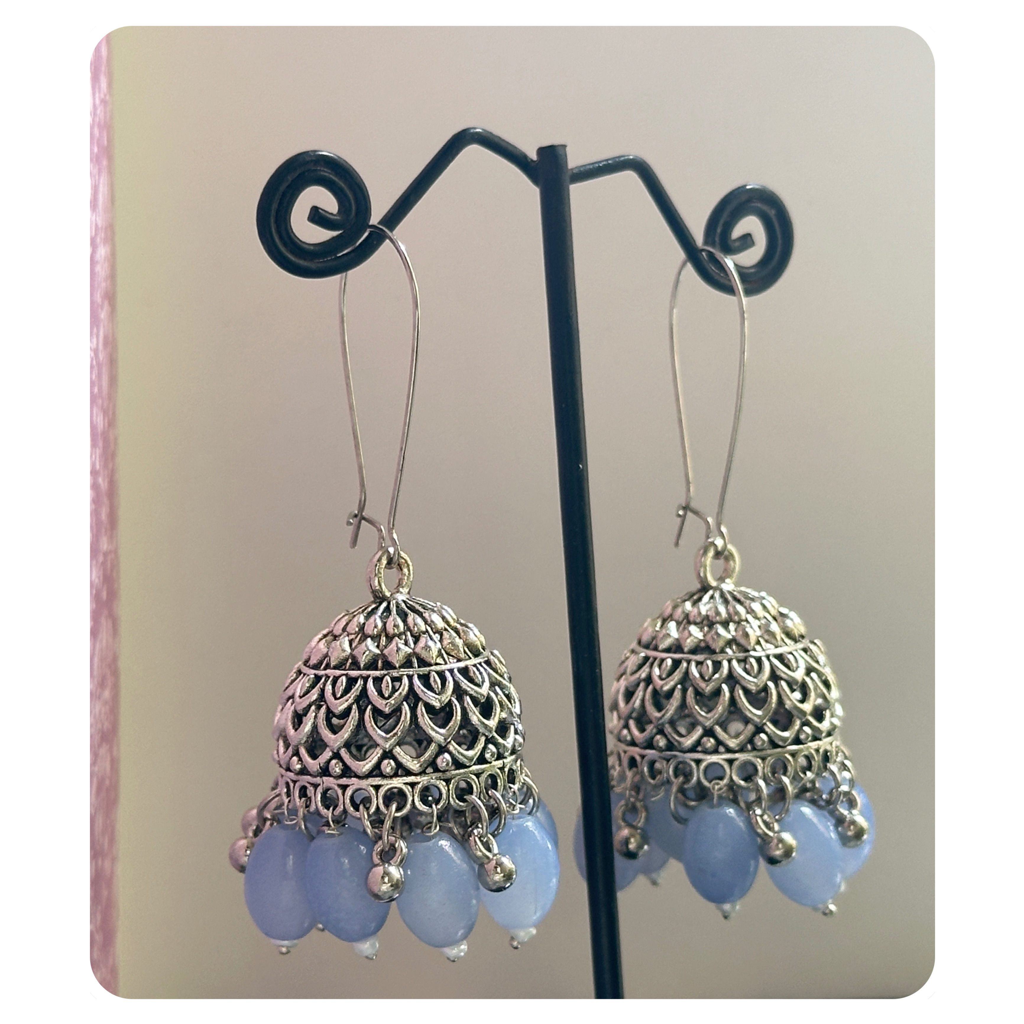 Silver Toned Powder Blue Beaded Long Hook Jhumka