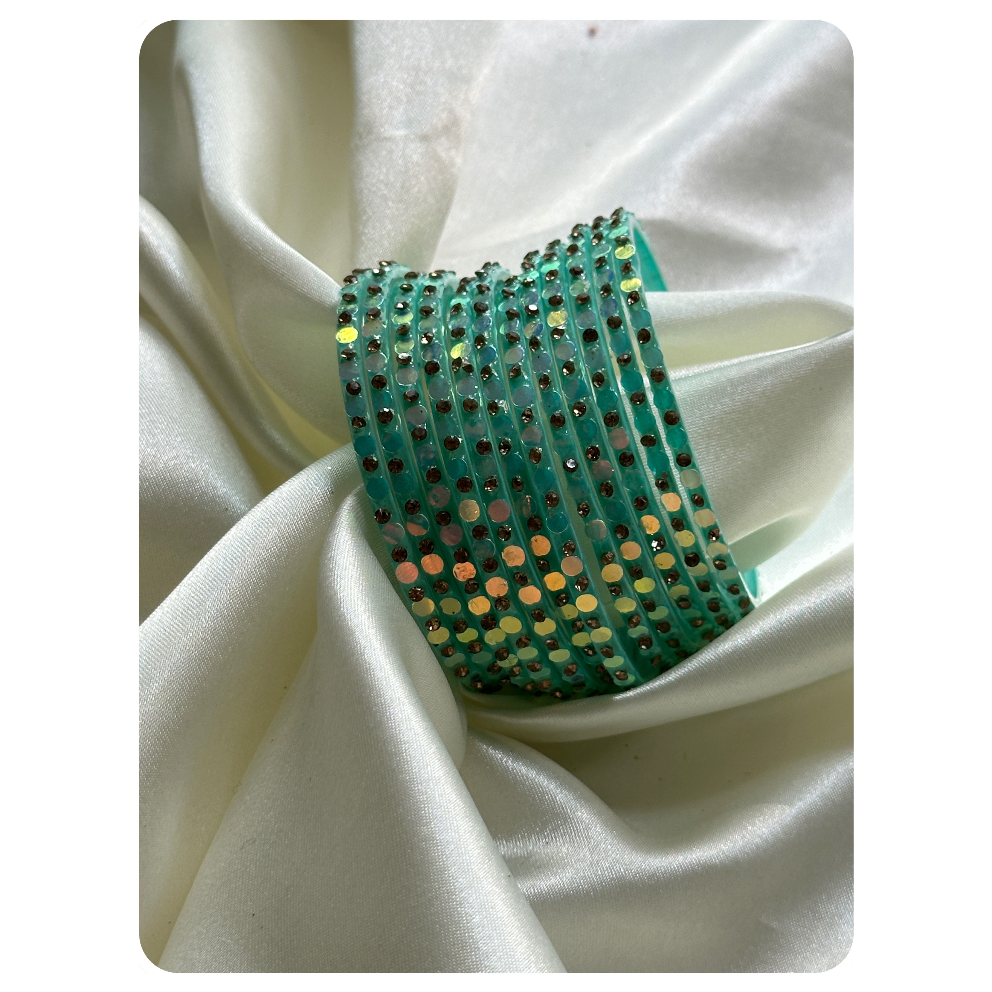Sea Green Crystal & Sequin Embellished Glass Bangle Set (12 pieces) Size-2.8
