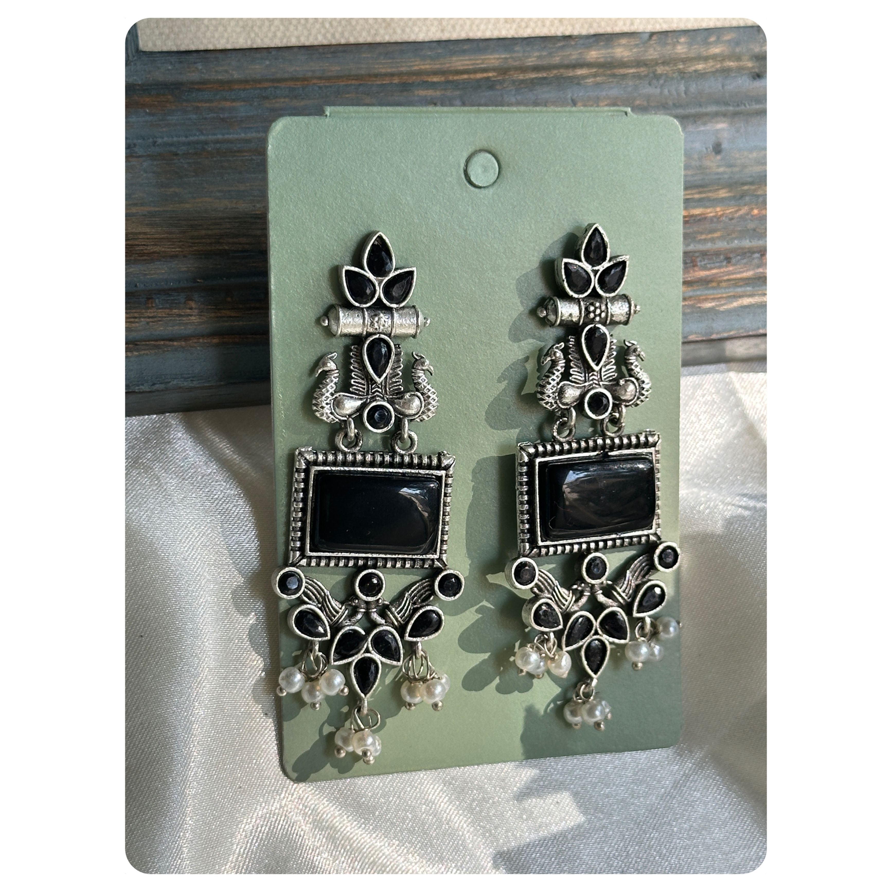 Silver Oxidised Black Monalisa Peacock Motif Earrings