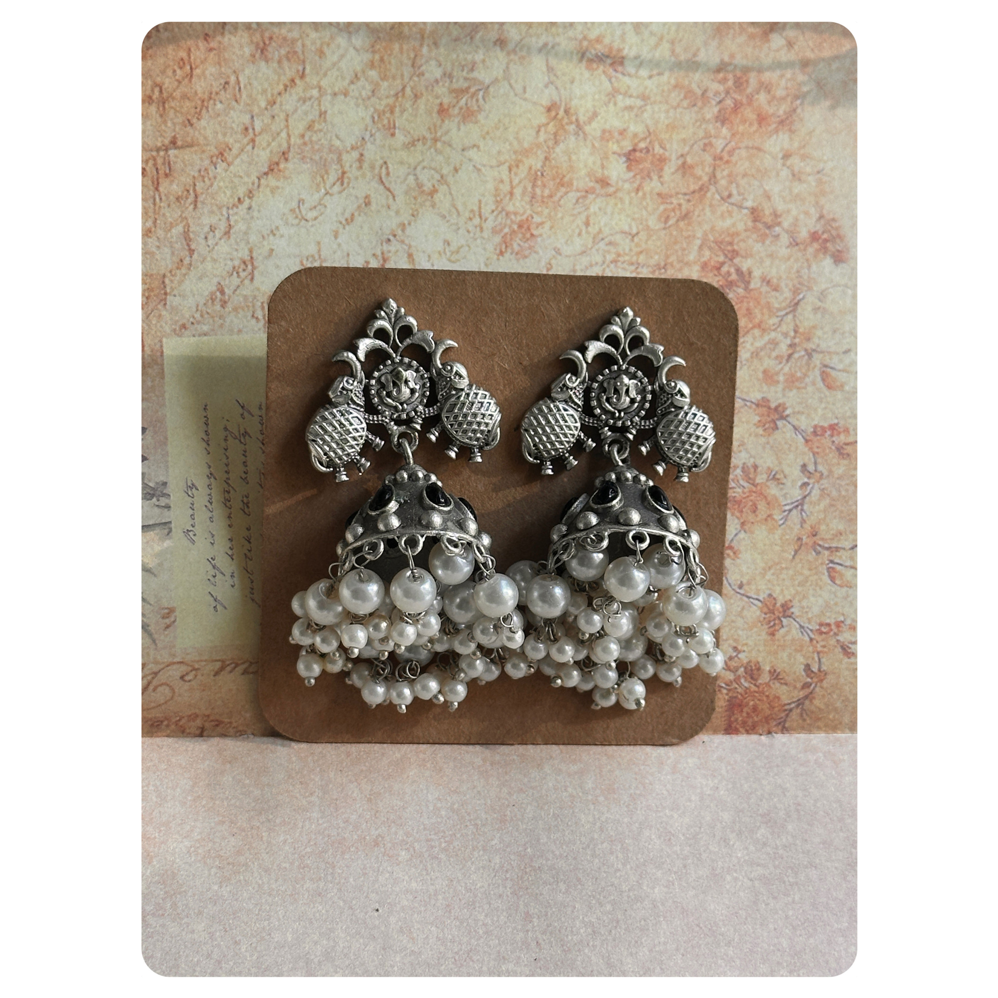 Silver Oxidised Dual Elephant Motif Pearl Layered Jhumka