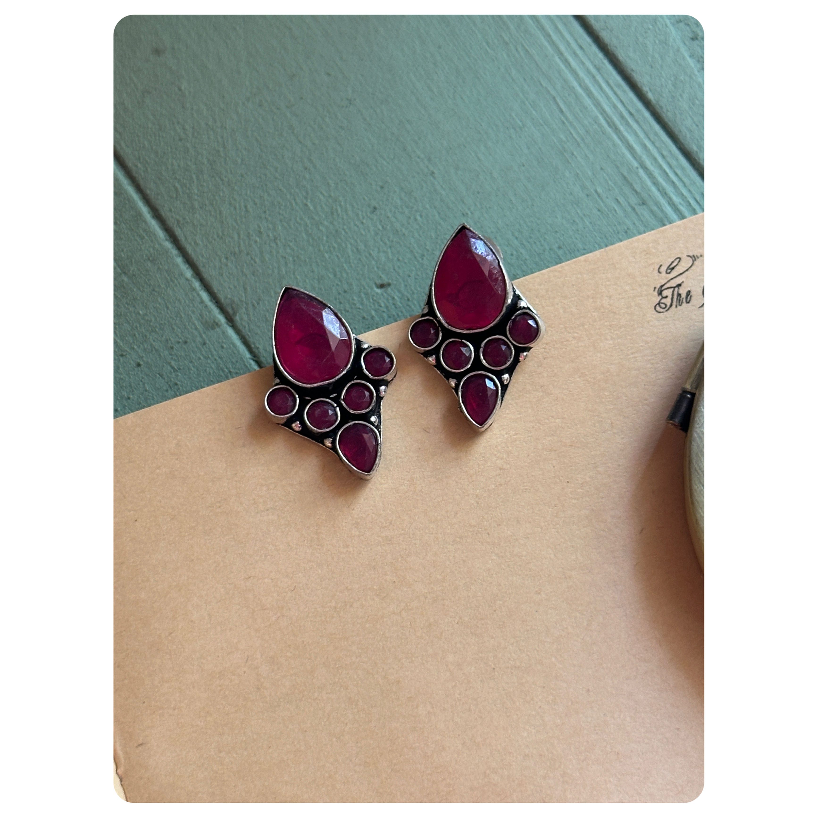 Silver Toned Dark Pink Stone Tear Drop Stud