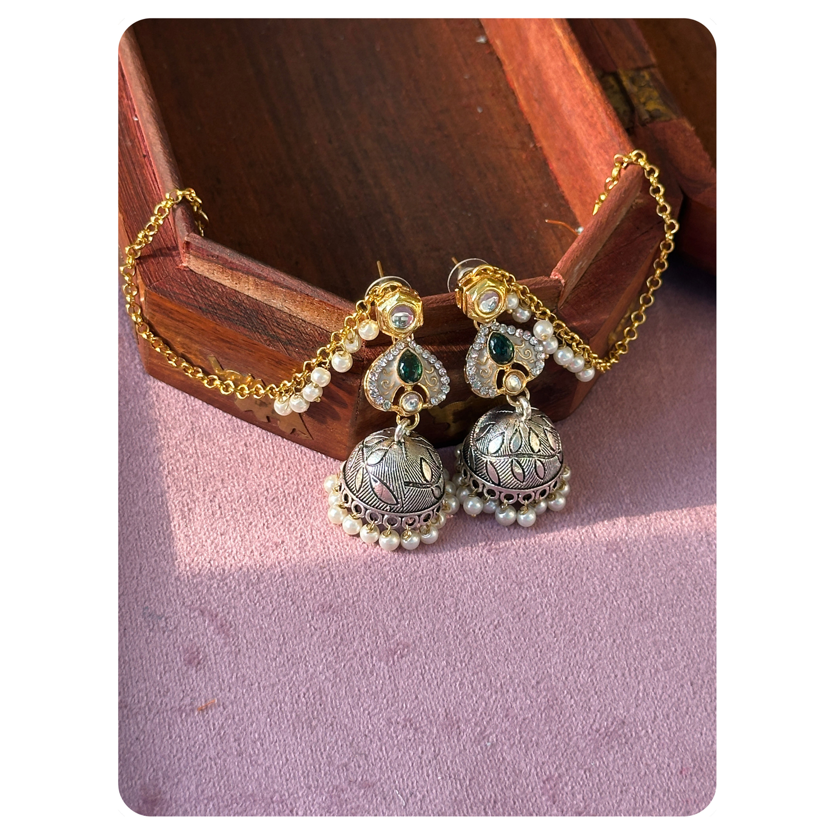 Dual Toned Green Kundan Fusion Hairchain Jhumka