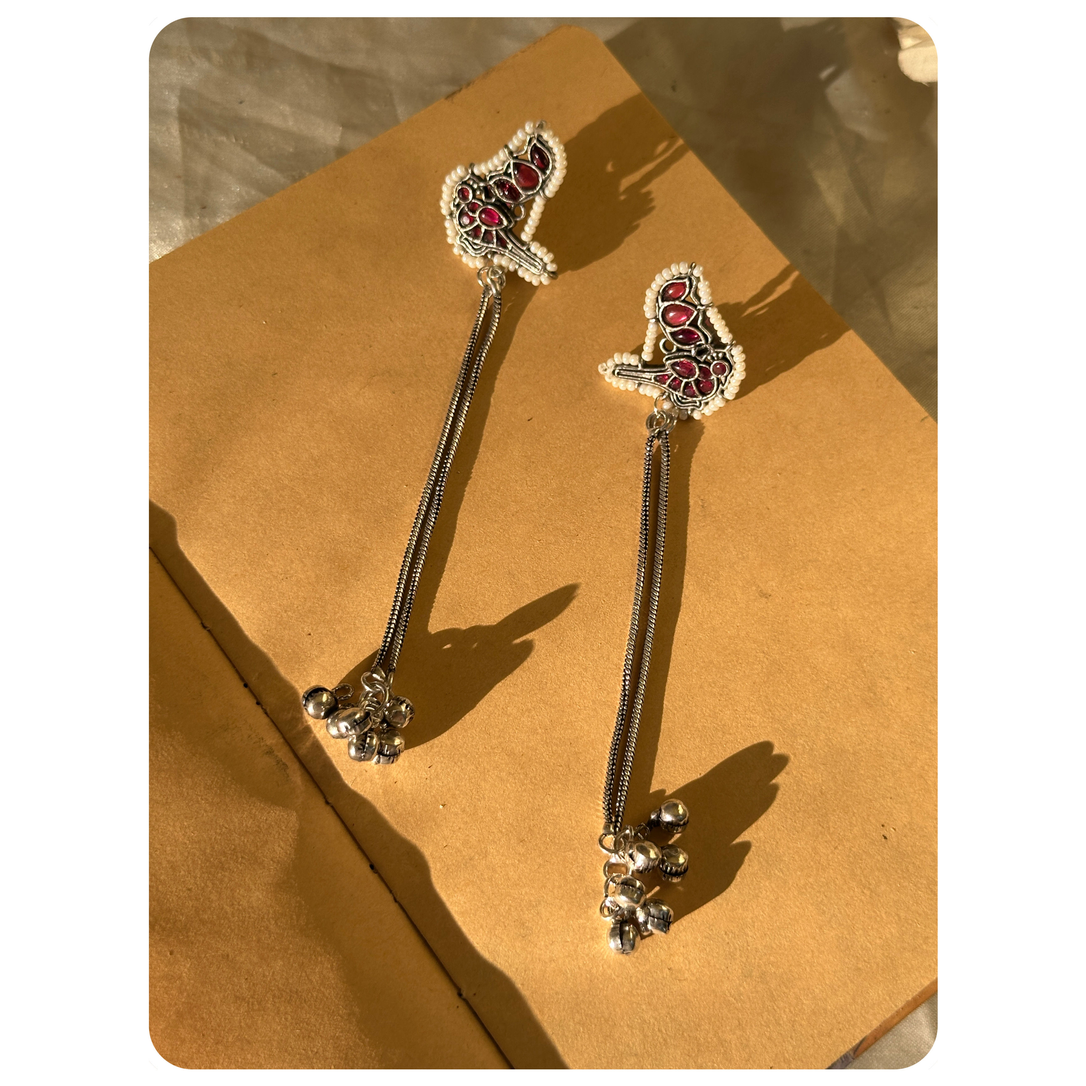 Silver Oxidised Ruby Stone Parrot Beadwork Chain Ghungroo Earring