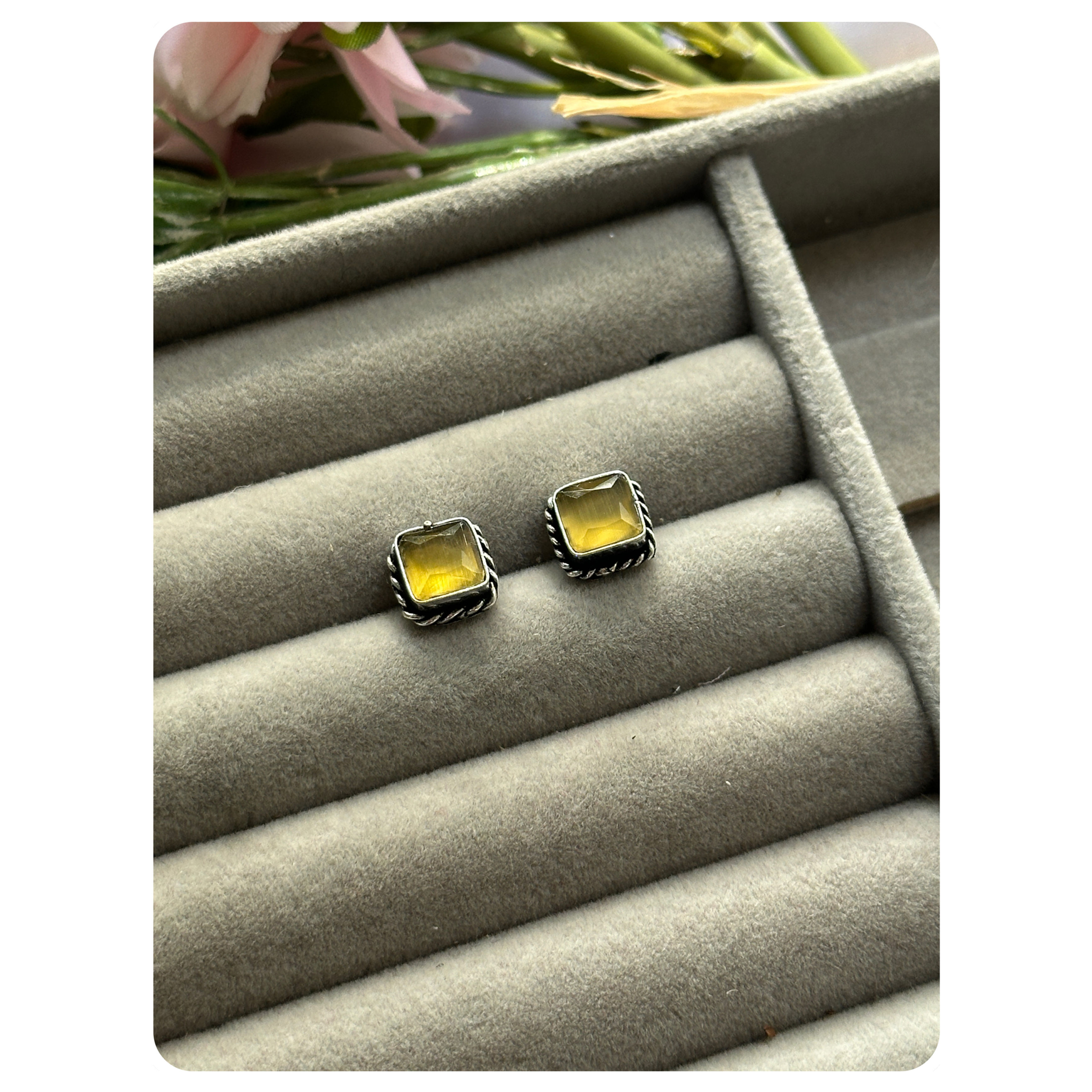 Silver Toned Yellow Stone Square Studs